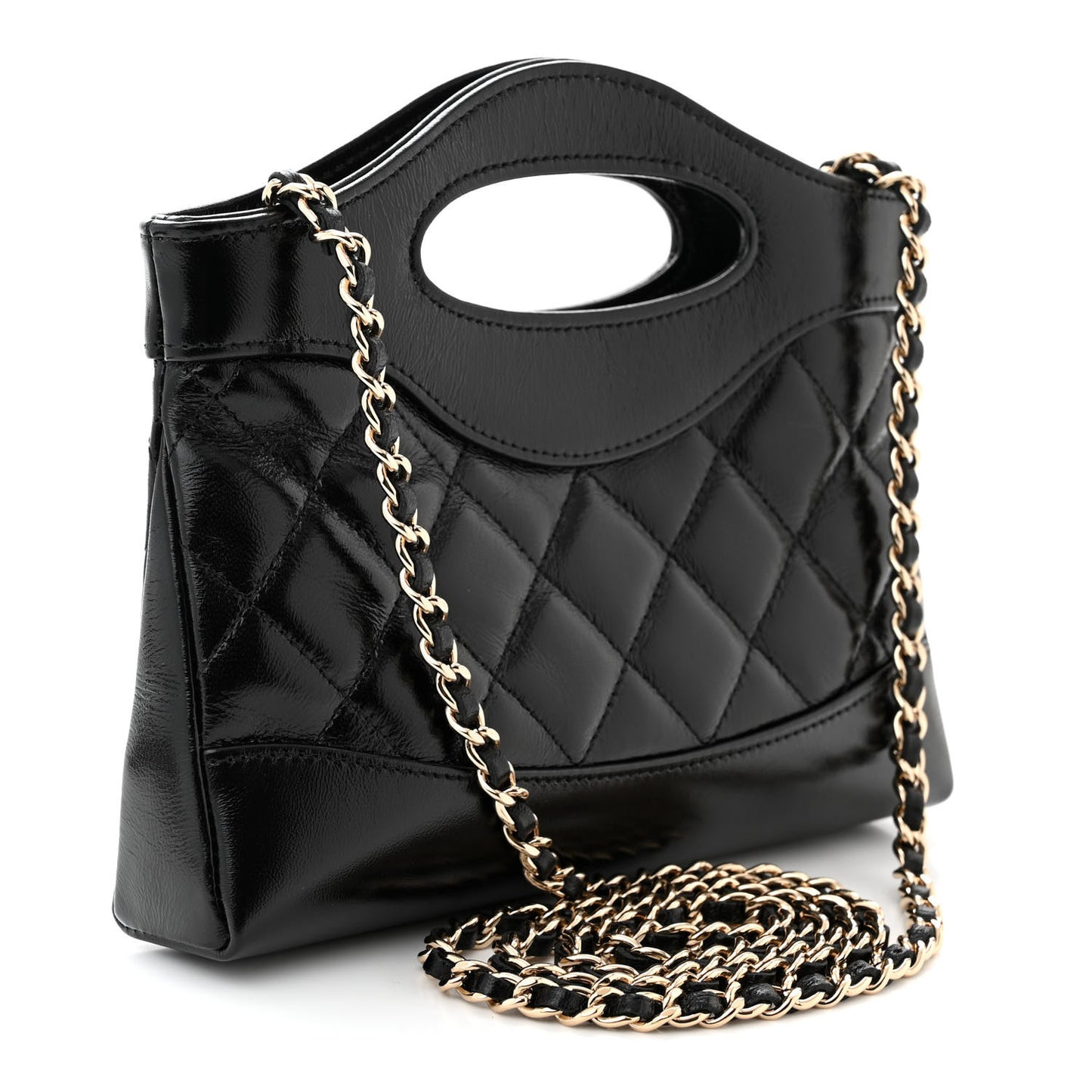 Shiny Crumpled Calfskin Quilted Nano 31 Shopping Bag Black