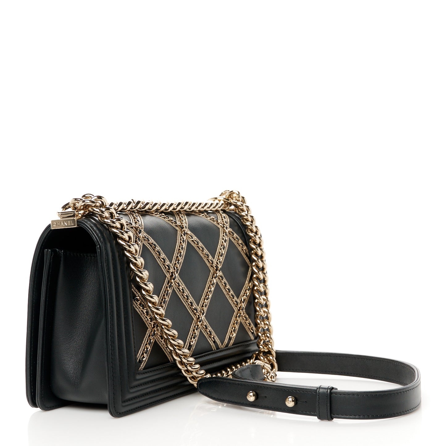 Calfskin Quilted Medium Chain Detail Boy Flap Black