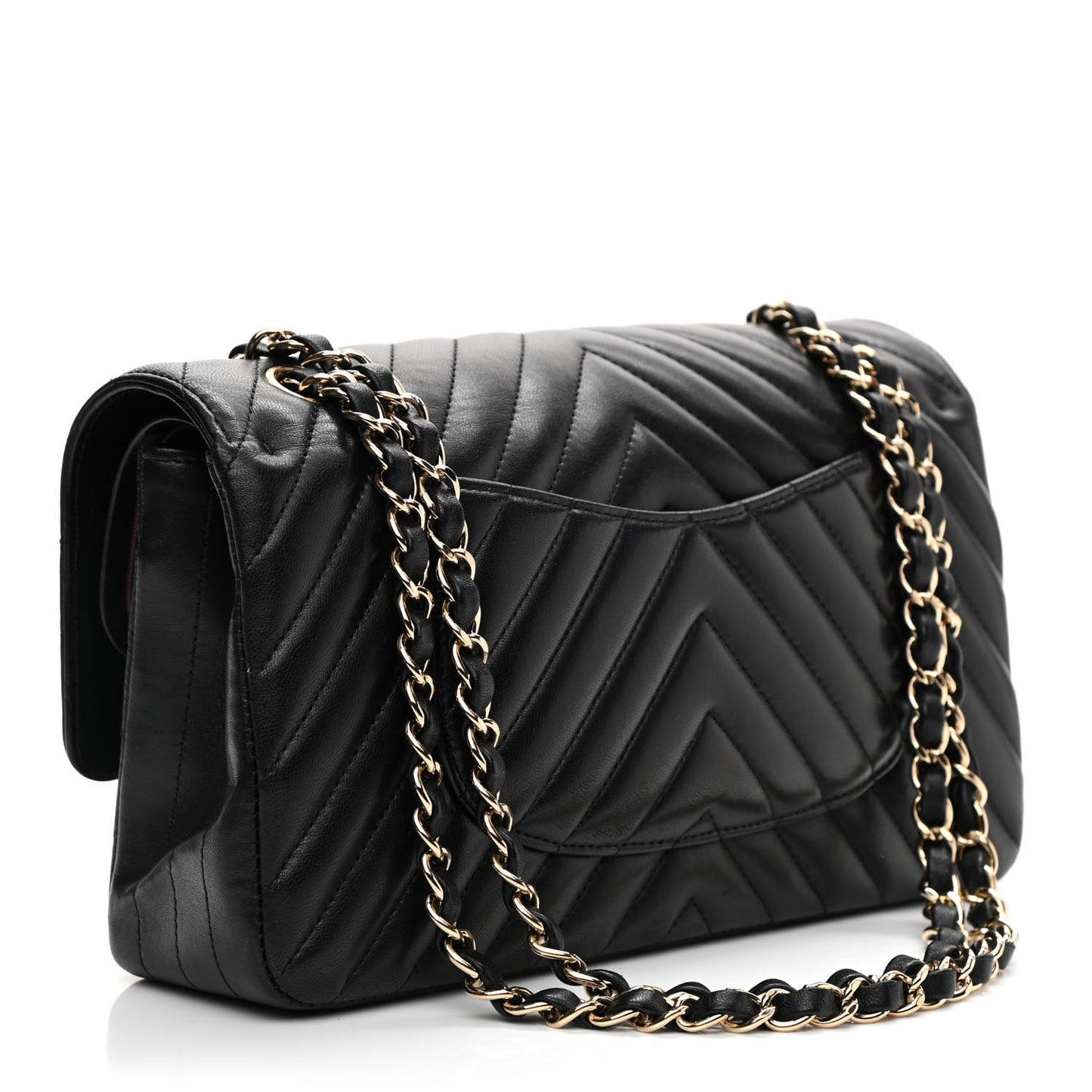 Calfskin Chevron Quilted Medium Double Flap Black