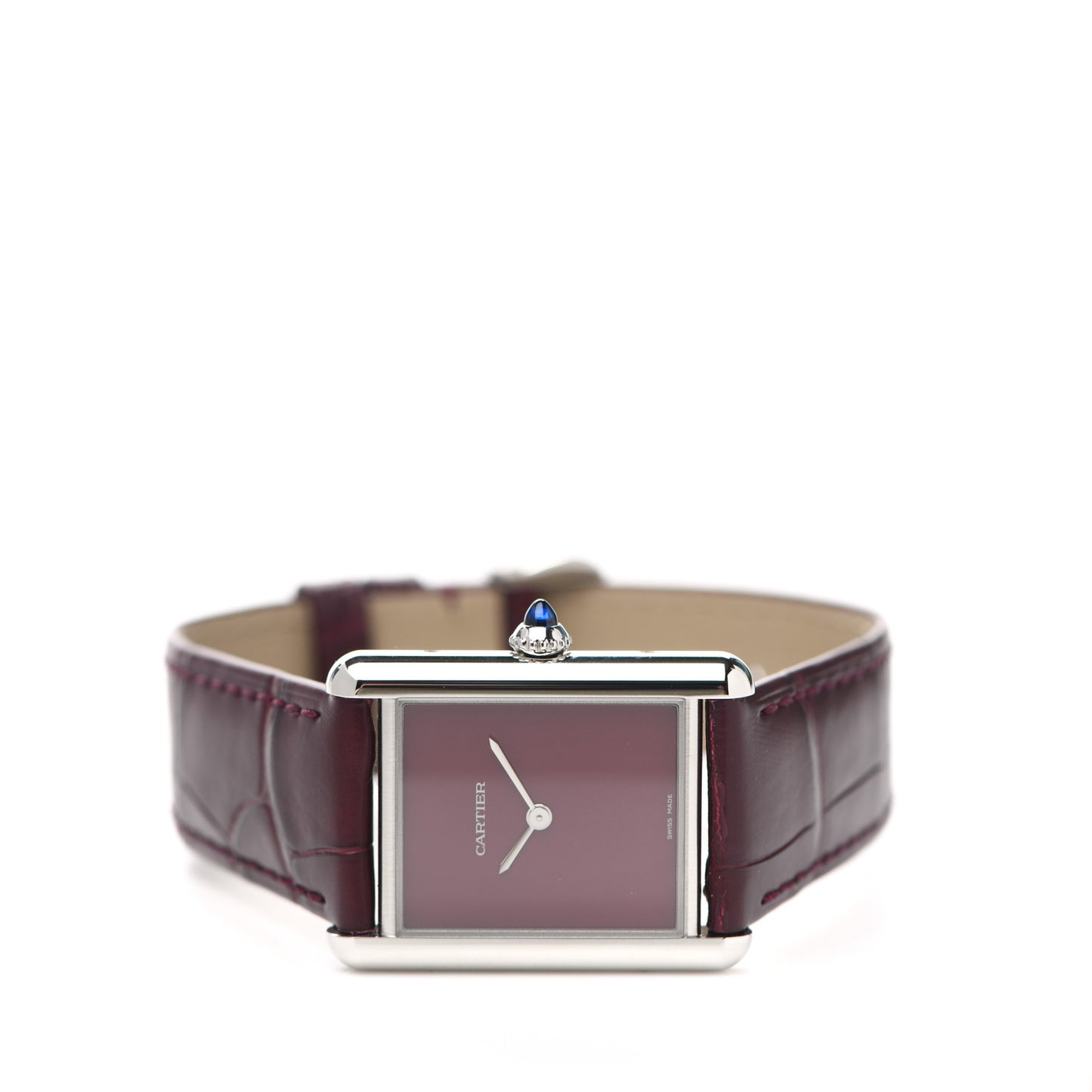 Stainless Steel Alligator 25mm Tank Must De Cartier Watch Burgundy
