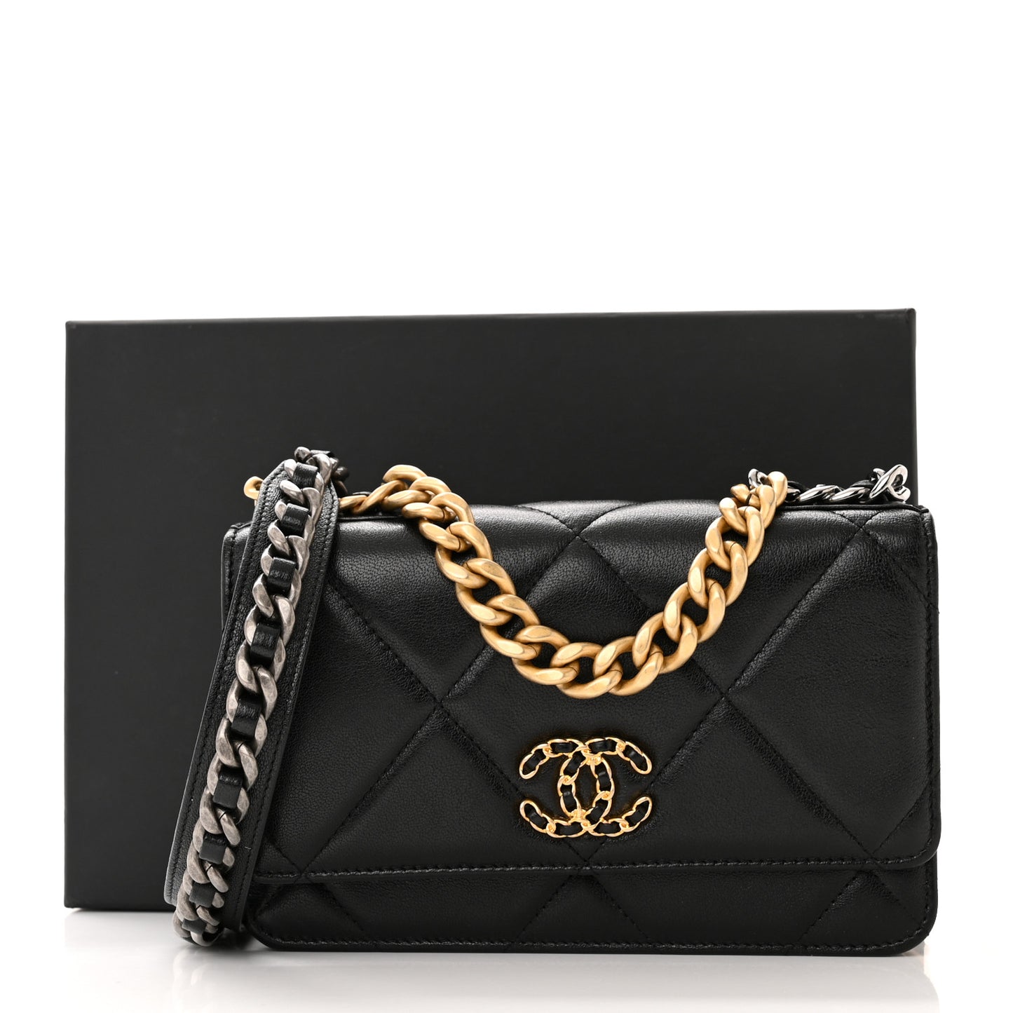 Goatskin Quilted Chanel 19 Wallet On Chain WOC Black