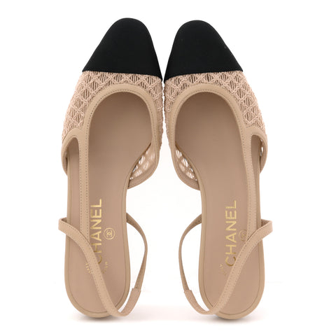 Embroidery Grosgrain Cap Toe CC Slingback Flats 38.5 Beige Black