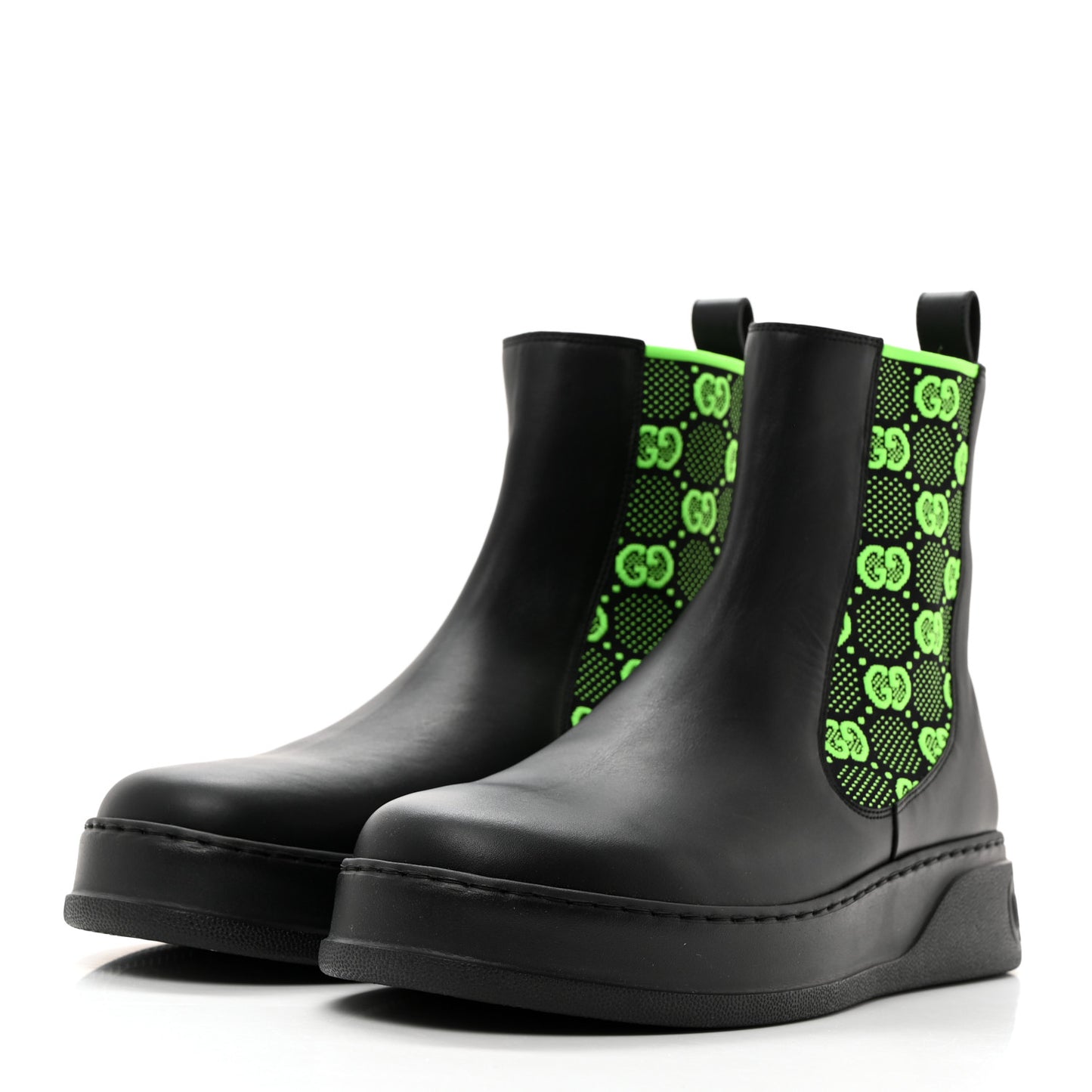 Dali Soft Calfskin Technical Jersey Knit GG Monogram Mens Ankle Boots 11 Black Neon Green