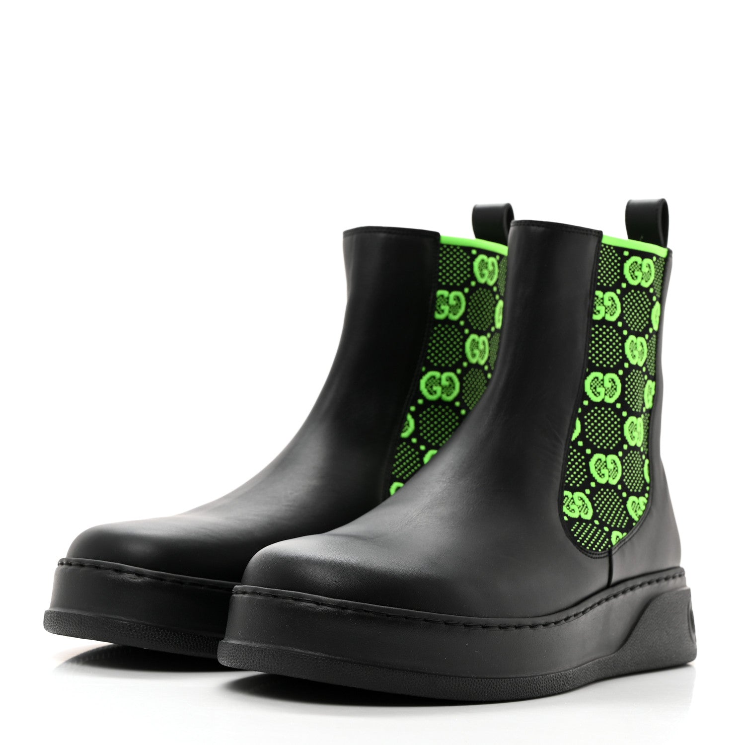 Gucci Dali Soft Calfskin Technical Jersey Knit GG Monogram Mens Ankle Boots 11 Black Neon Green 4 of 9