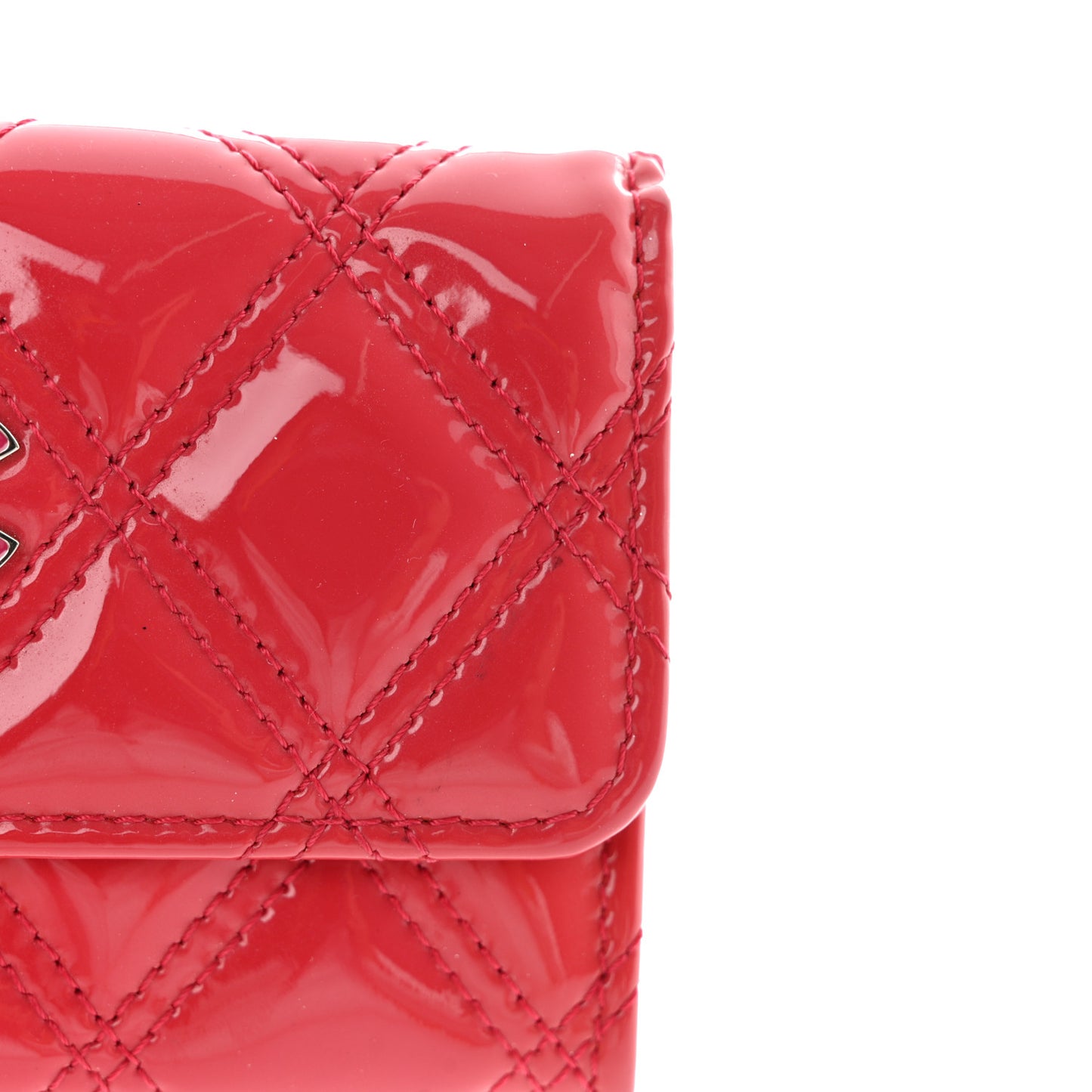 Patent Quilted Double Stitched Flap Card Holder Dark Pink