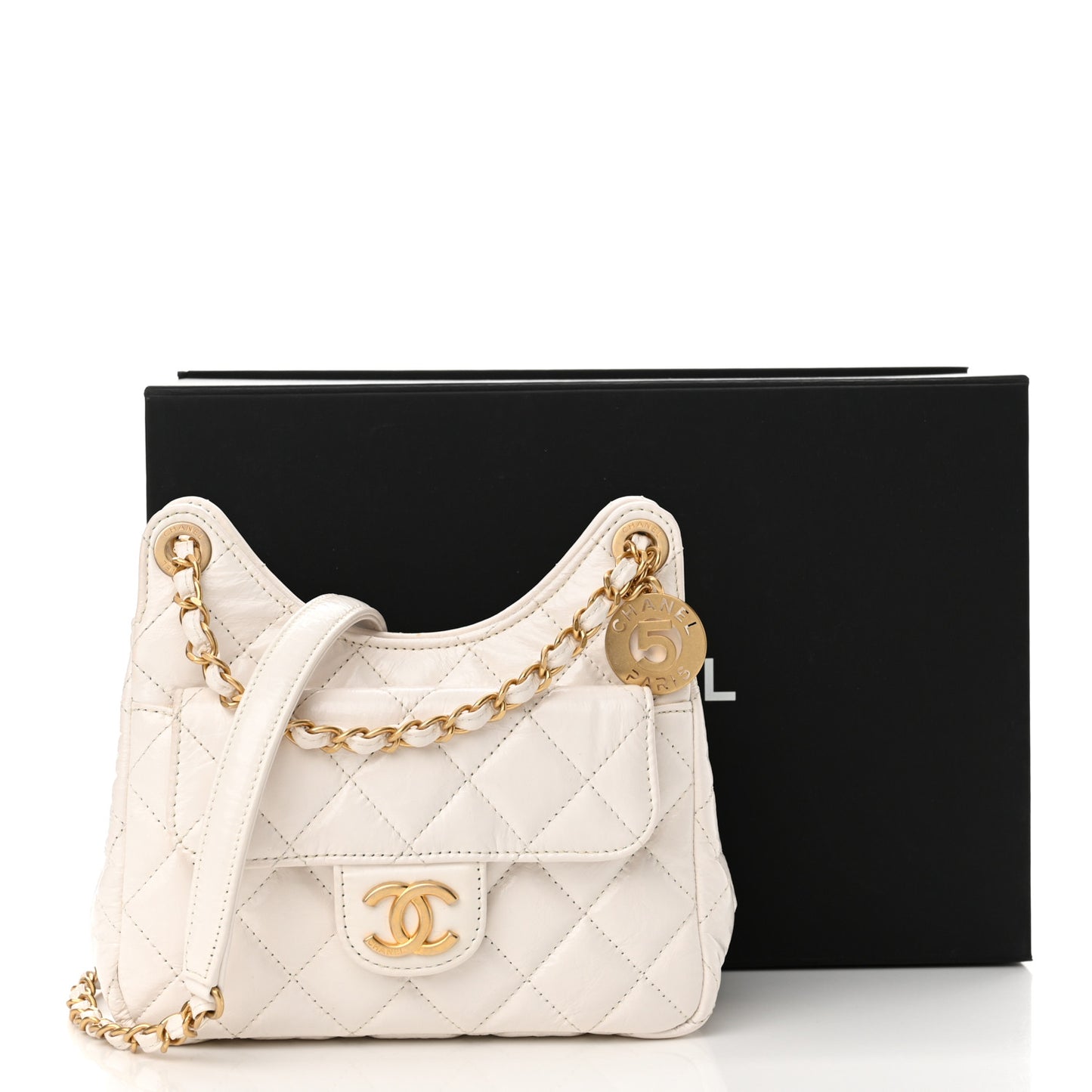 Shiny Crumpled Calfskin Quilted Small Wavy CC Hobo White