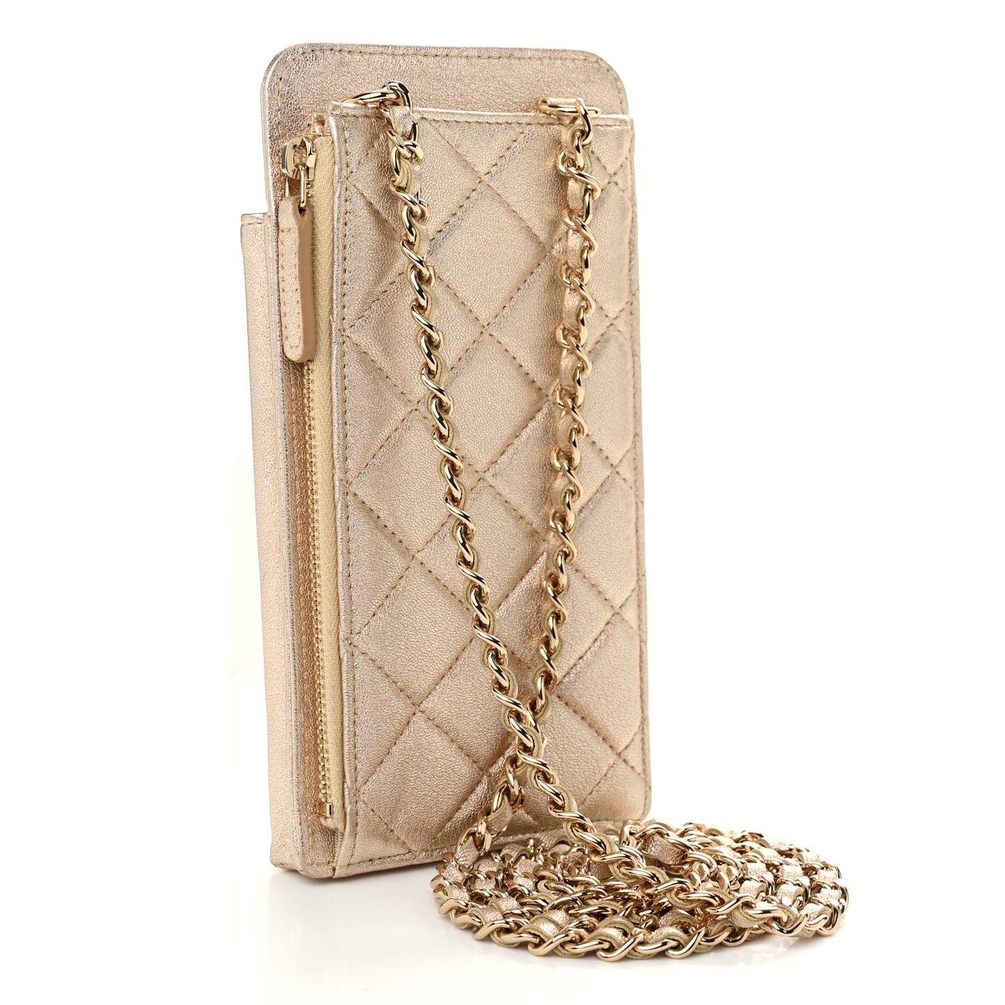 Metallic Lambskin Quilted Zip Phone Case Gold