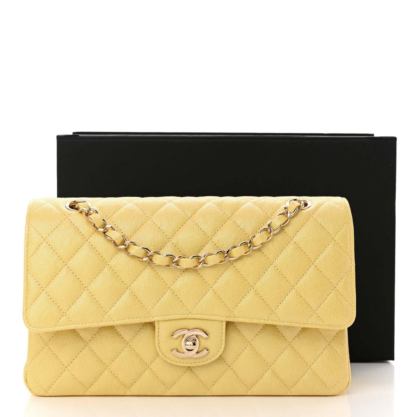 Iridescent Caviar Quilted Medium Double Flap Yellow