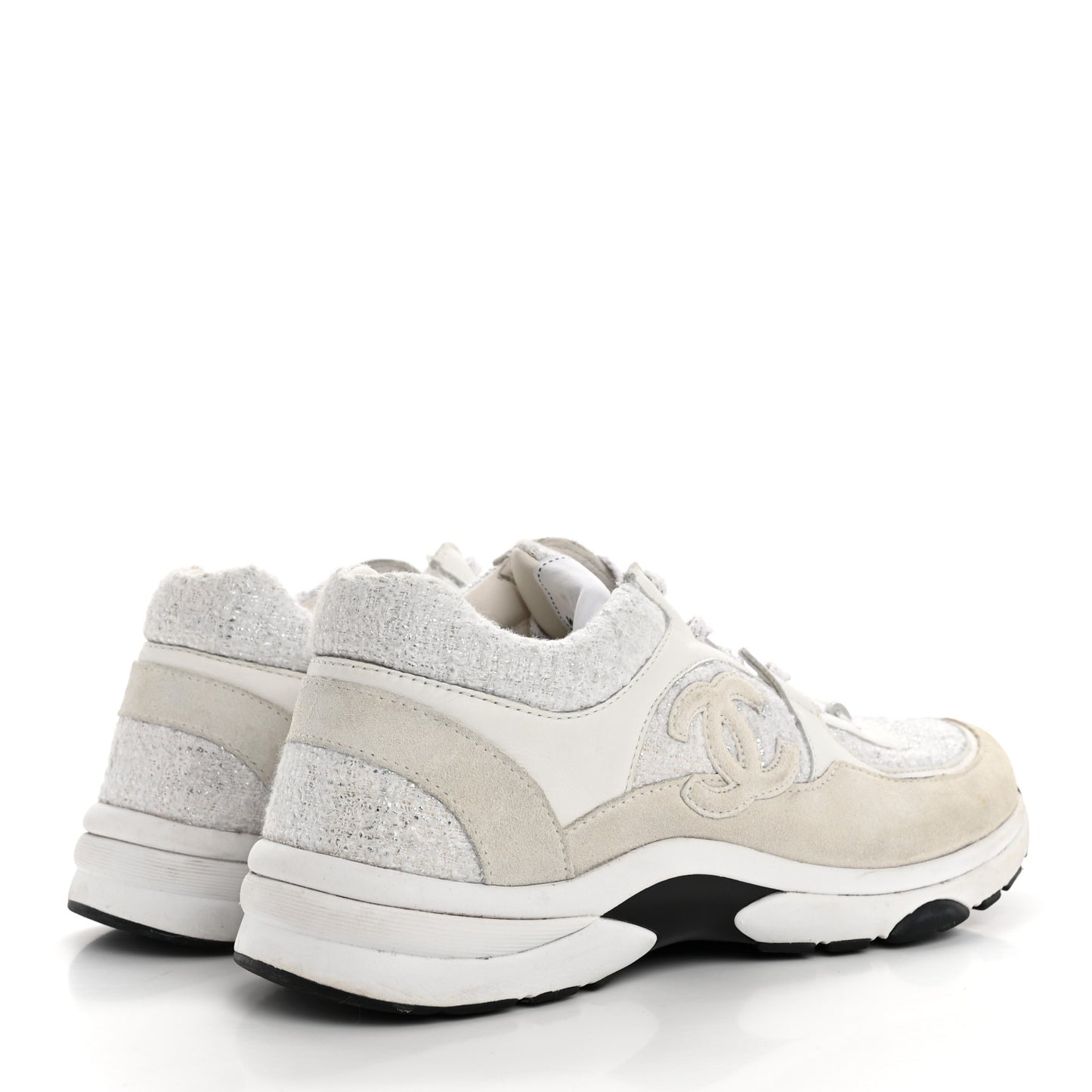 Painted Iridescent Cotton Tweed Suede Calfskin Womens CC Sneakers 39.5 White Silver Multicolor