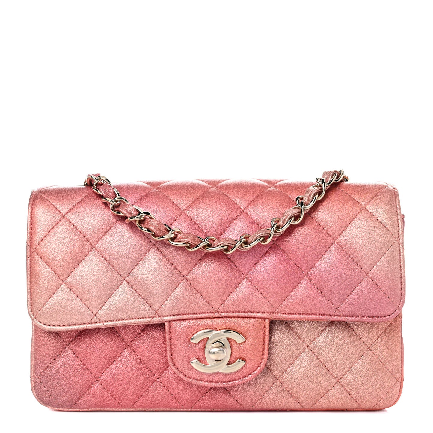 Metallic Lambskin Quilted Ombre Mini Rectangular Flap Pink