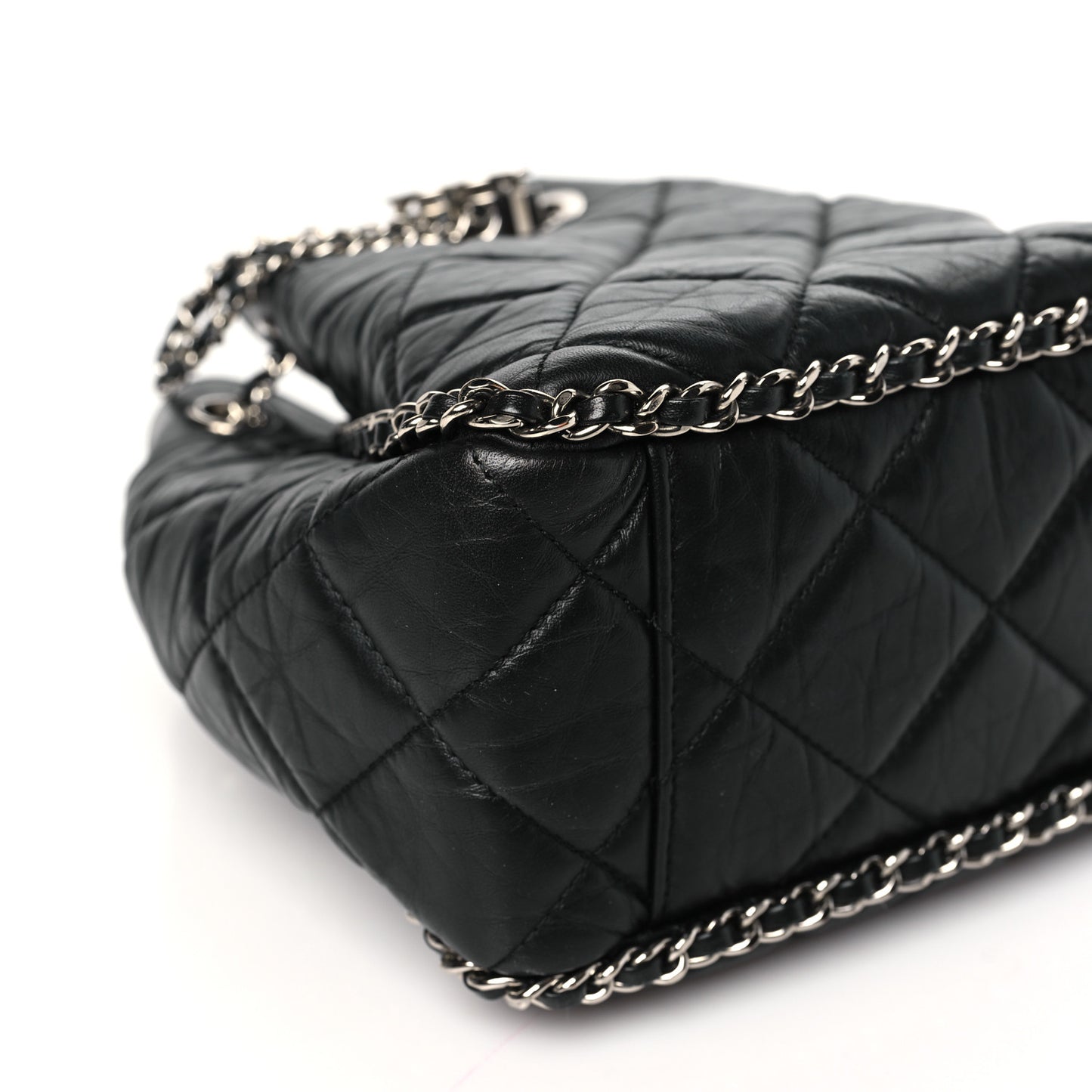 Crumpled Calfskin Quilted Chain All Over Drawstring Bucket Bag Black