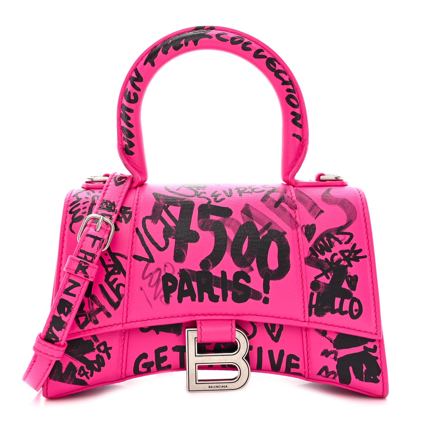 Smooth Calfskin Graffiti Hourglass Top Handle Bag XS Acid Fuchsia Black