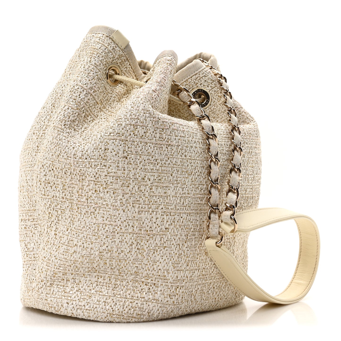 Lurex Boucle Deauville Drawstring Bucket Bag Ivory