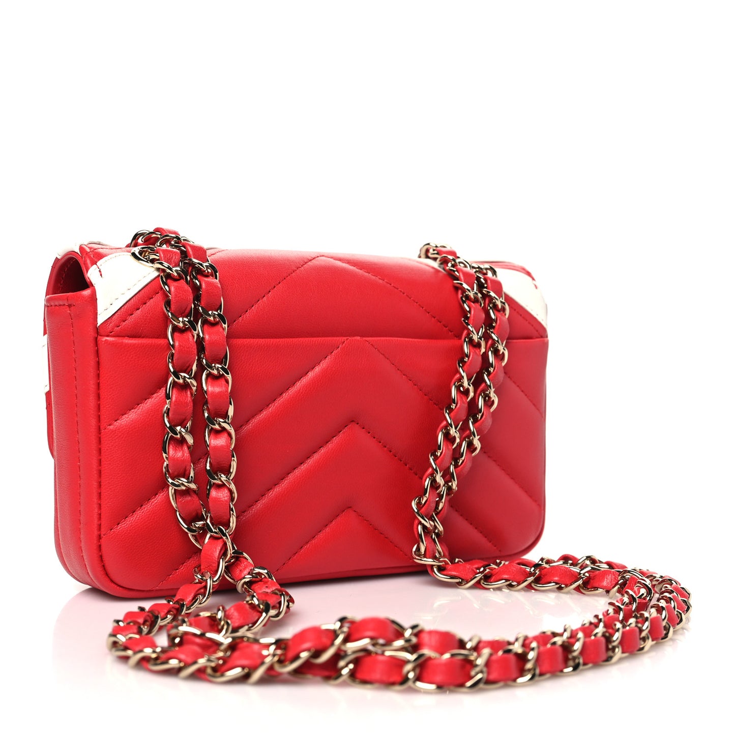 Lambskin Chevron Stitched Flap White Red