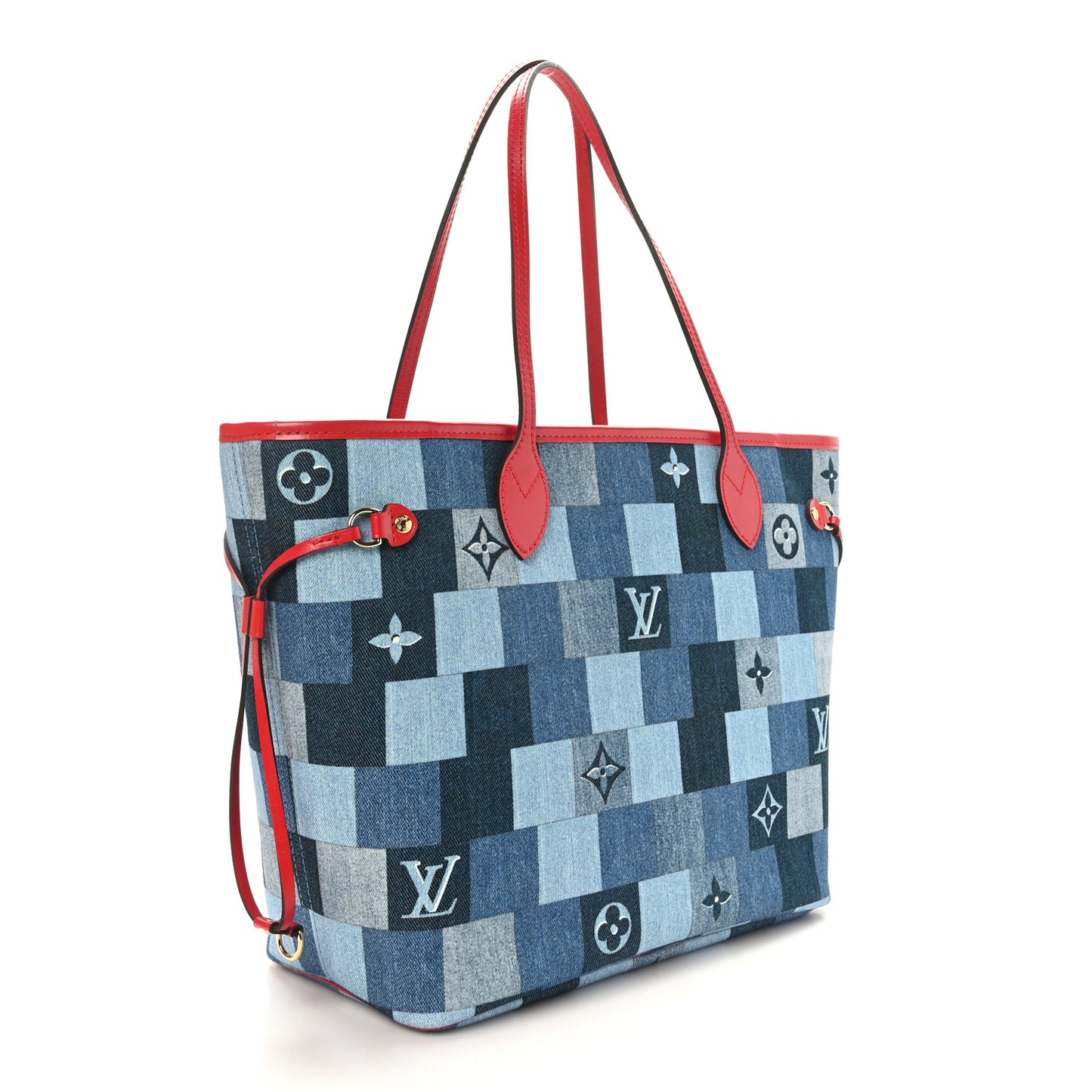 Denim Damier Monogram Patchwork Neverfull Blue Rouge