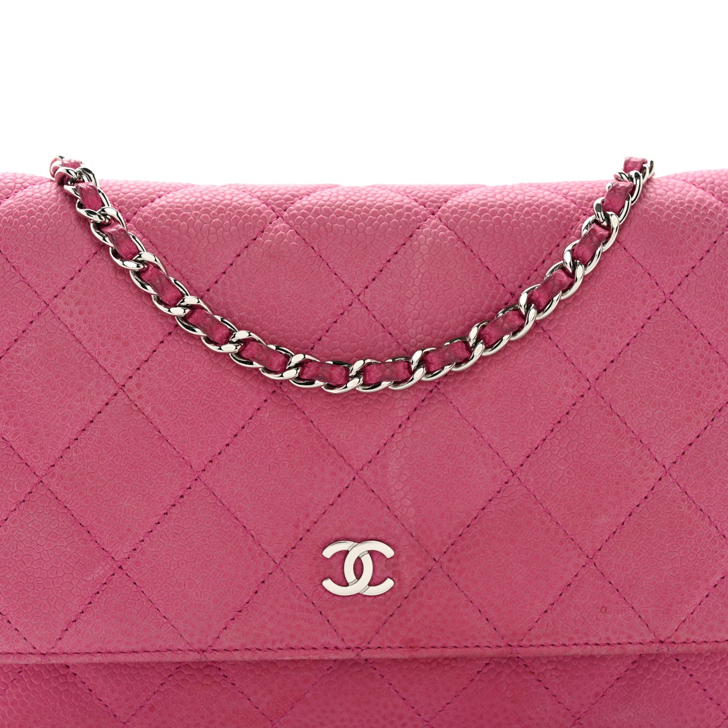 Iridescent Caviar Quilted Wallet on Chain WOC Pink