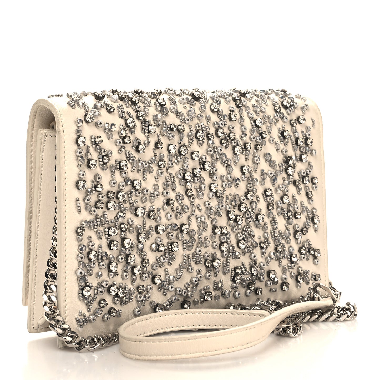 Calfskin Bead Embellished Kate Monogram Tassel Chain Wallet White