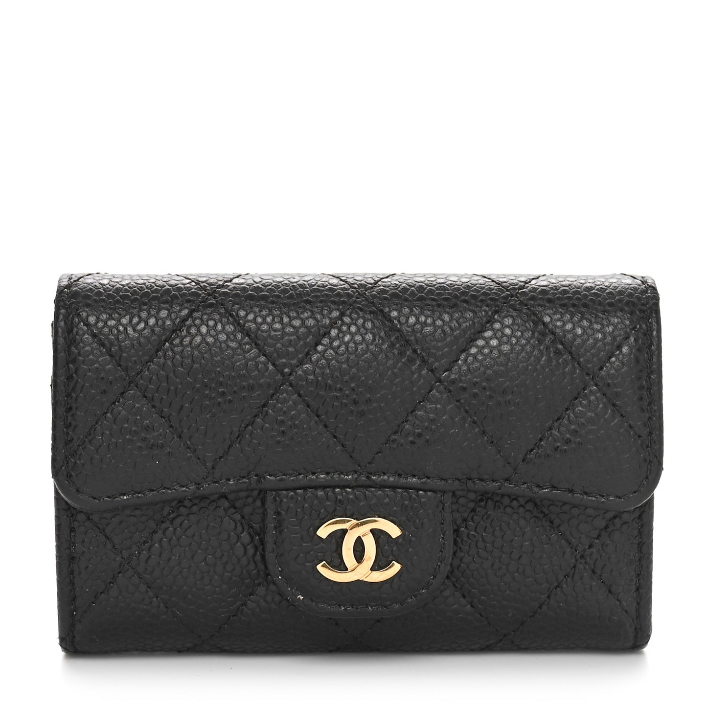 Caviar Quilted Flap Card Holder Wallet Black