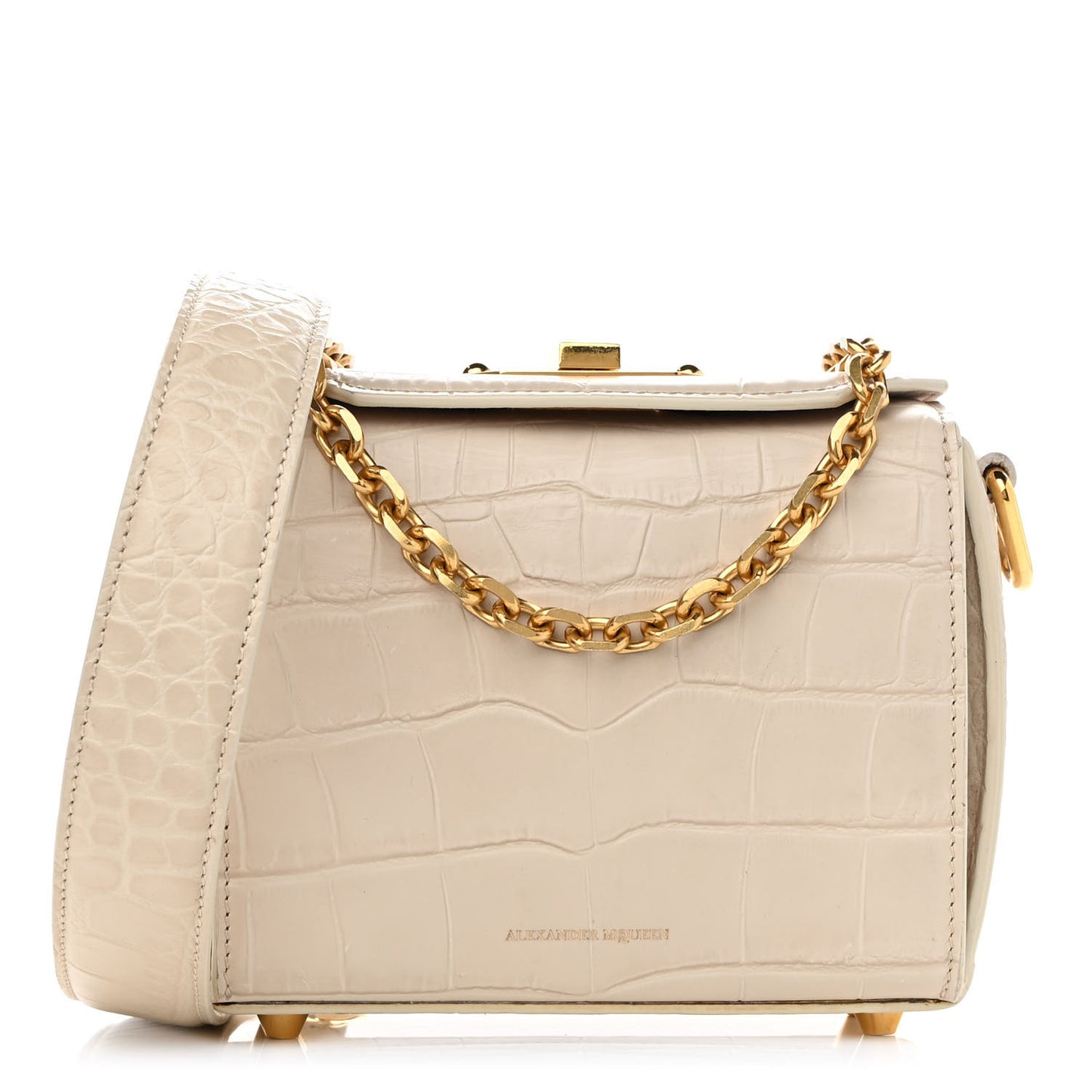 Calfskin Crocodile Embossed Box Shoulder Bag 16 Cream