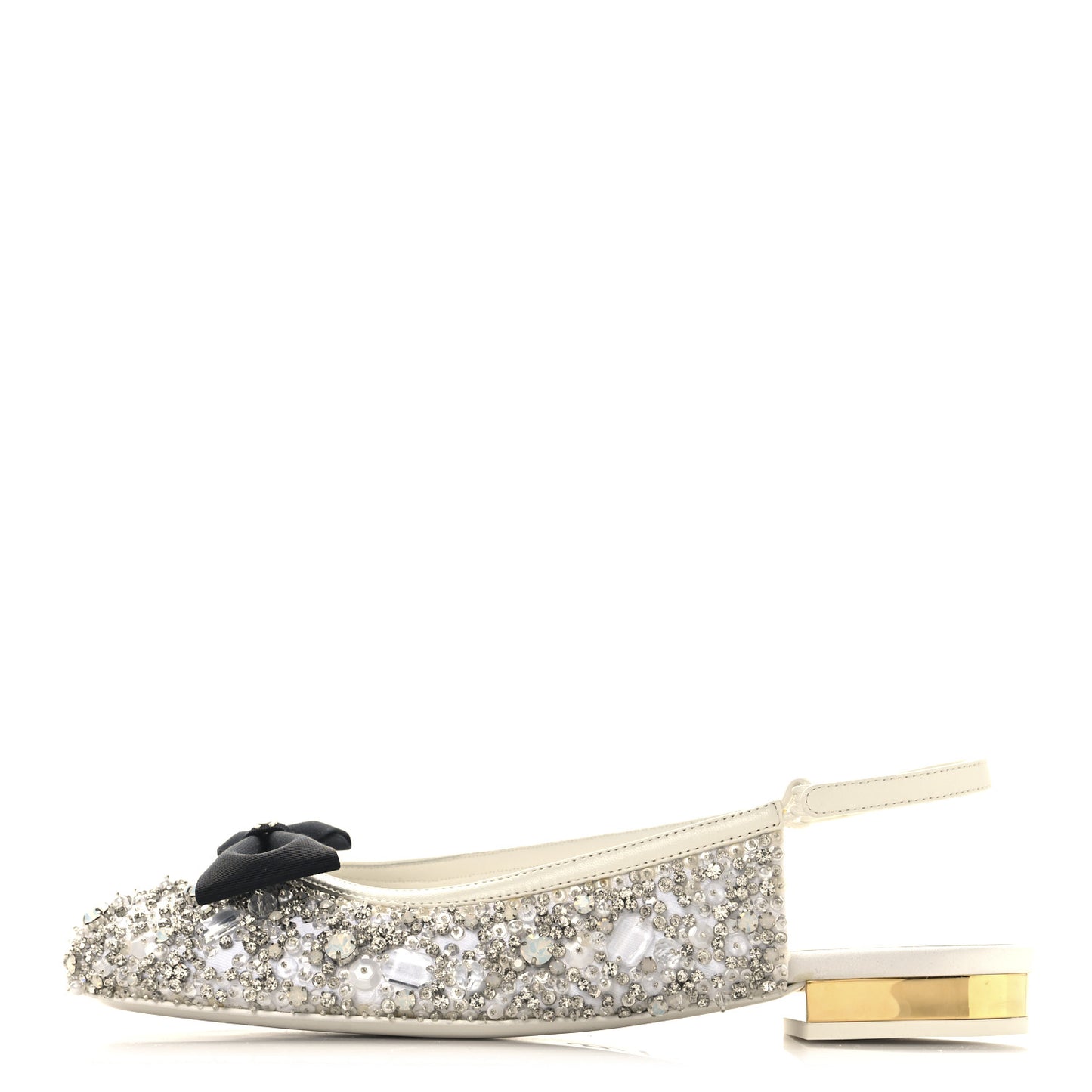 Satin Crystal Lambskin Grossgrain Bow CC Slingback Flats 38 White Black