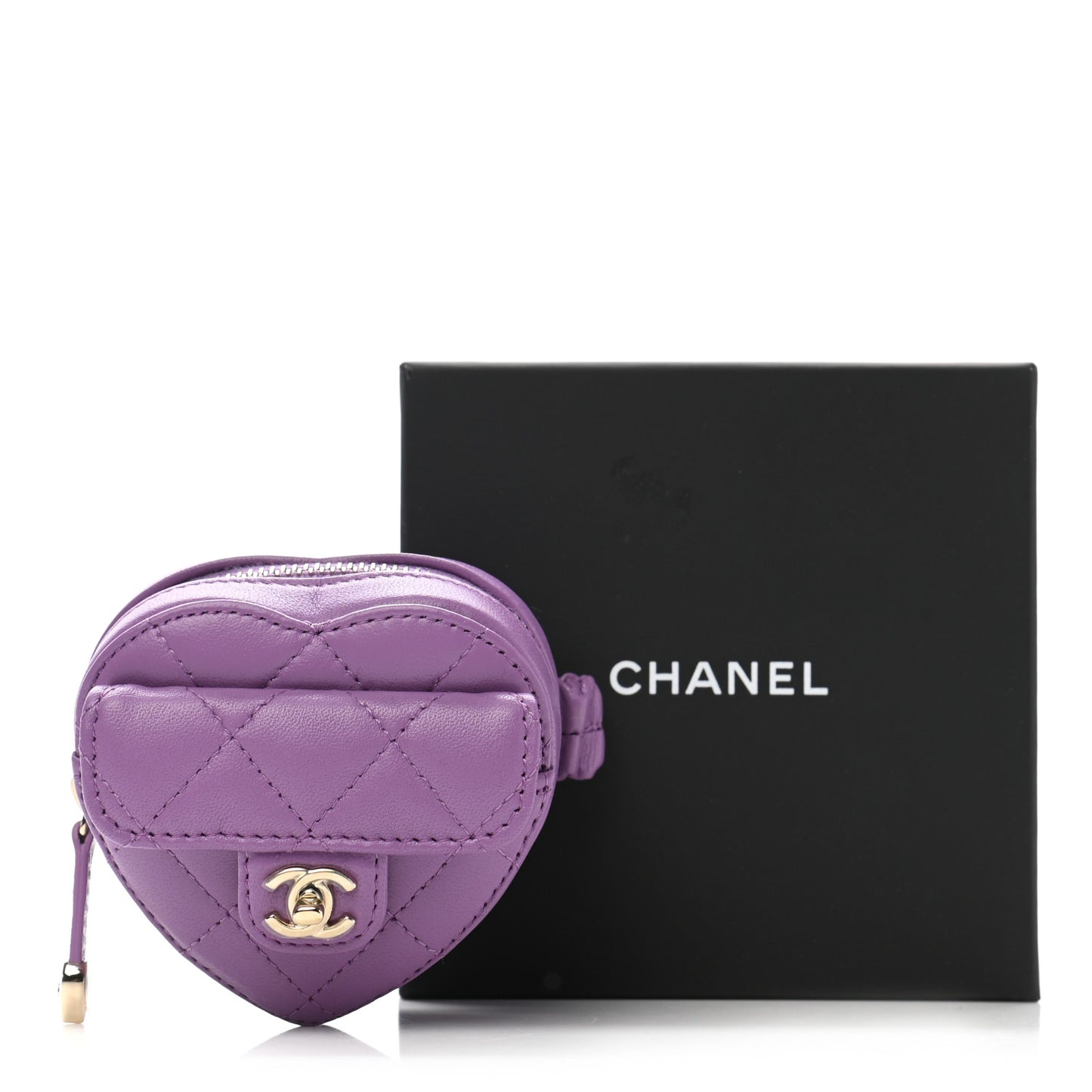 Lambskin Quilted CC In Love Heart Zipped Arm Coin Purse Purple