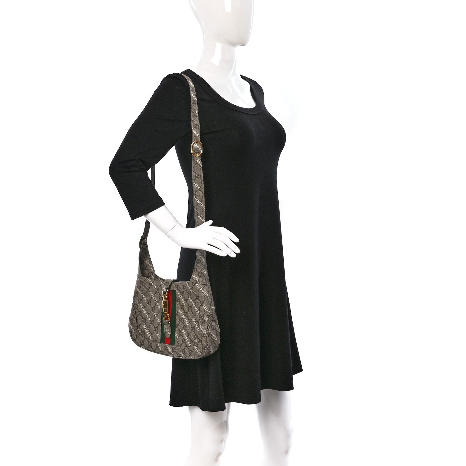 Gucci X BALENCIAGA GG Supreme Monogram Striped Logo Print Web Small Jackie 1961 Hobo Beige Ebony Mystic White 2 of 10