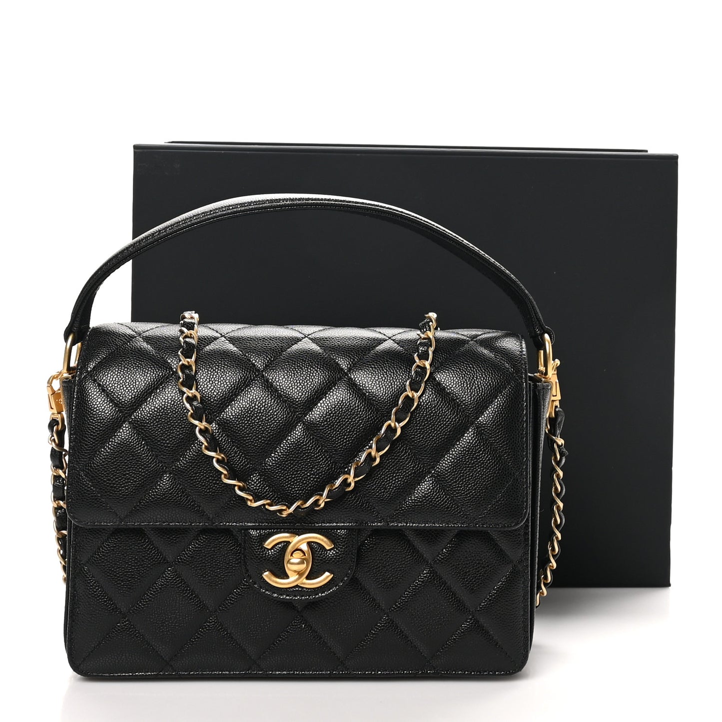 Shiny Caviar Quilted Small Top Handle Flap Black