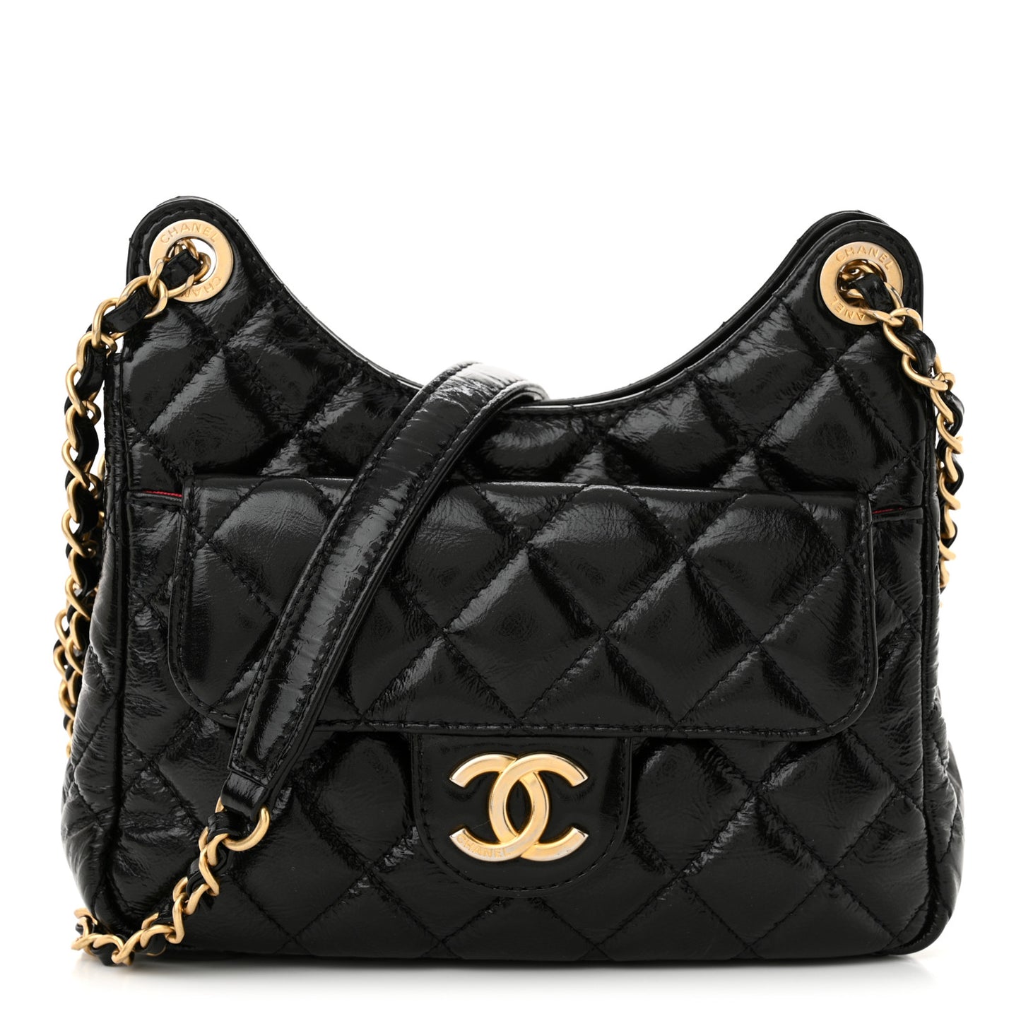 Shiny Crumpled Calfskin Quilted Small Wavy CC Hobo Black
