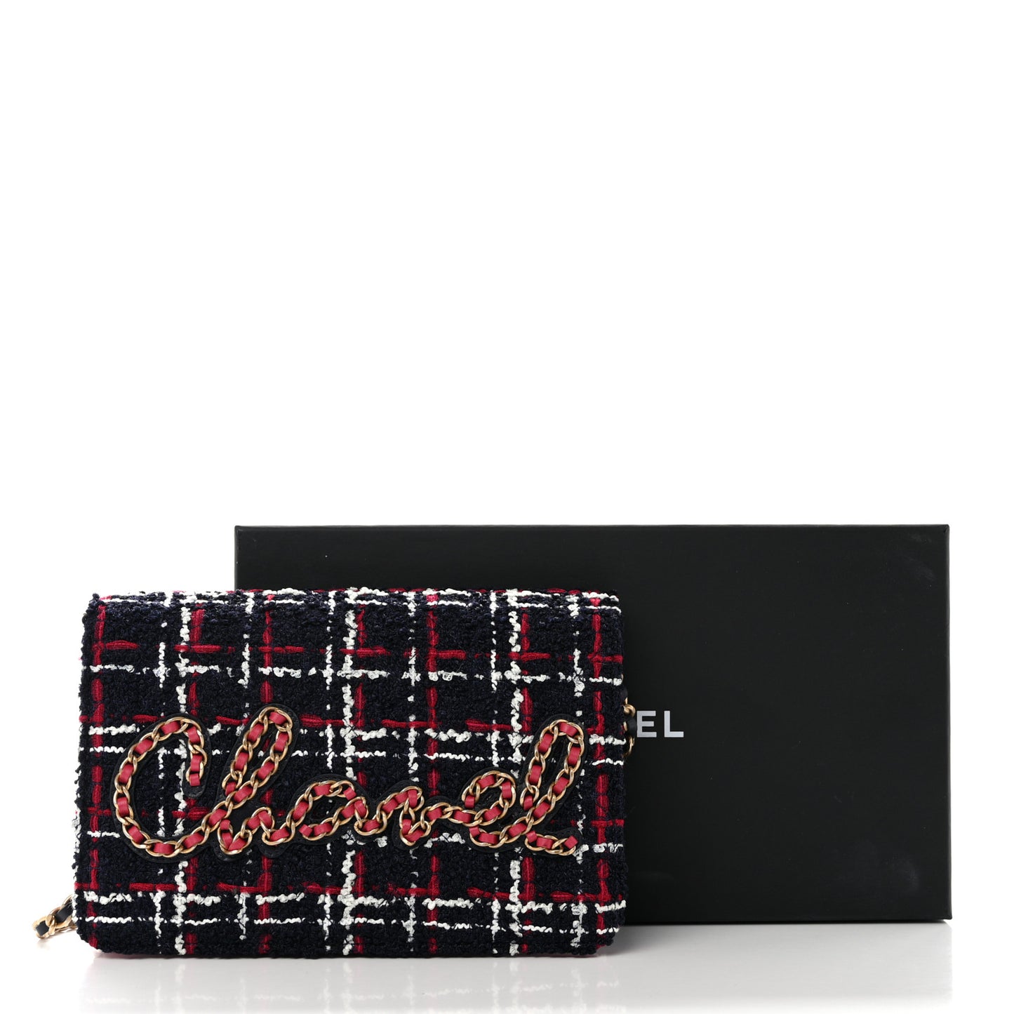 Tweed Calfskin Signe Wallet On Chain WOC Navy Multicolor
