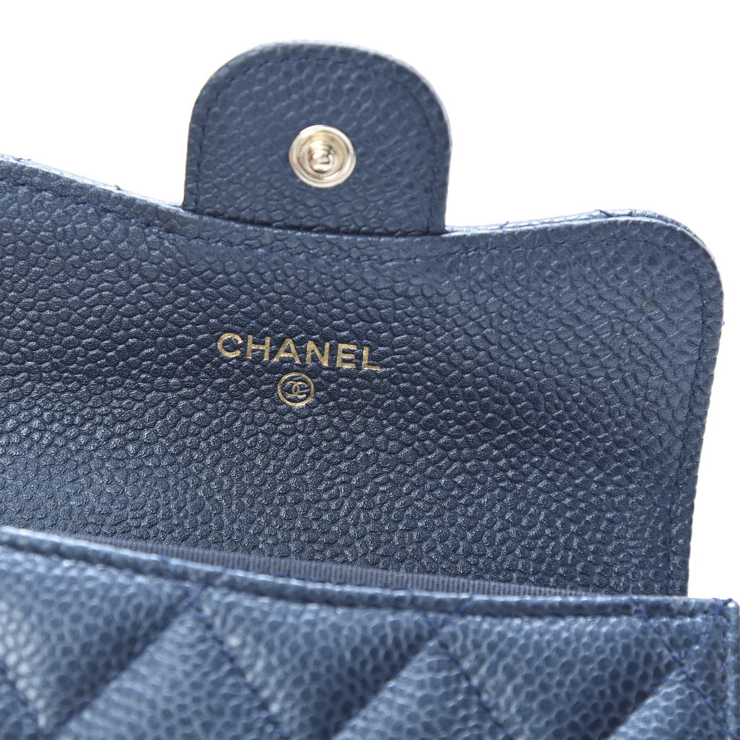 Metallic Caviar Quilted Flap Card Holder Wallet Dark Blue