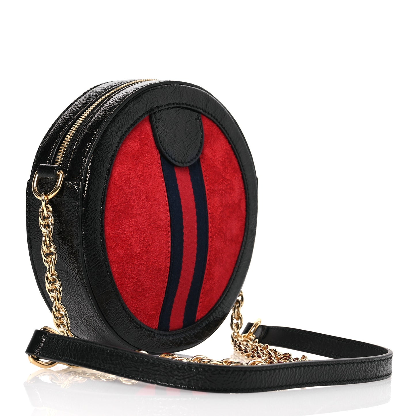 Suede Patent Web Mini Ophidia Round Shoulder Bag Hibiscus Red Black