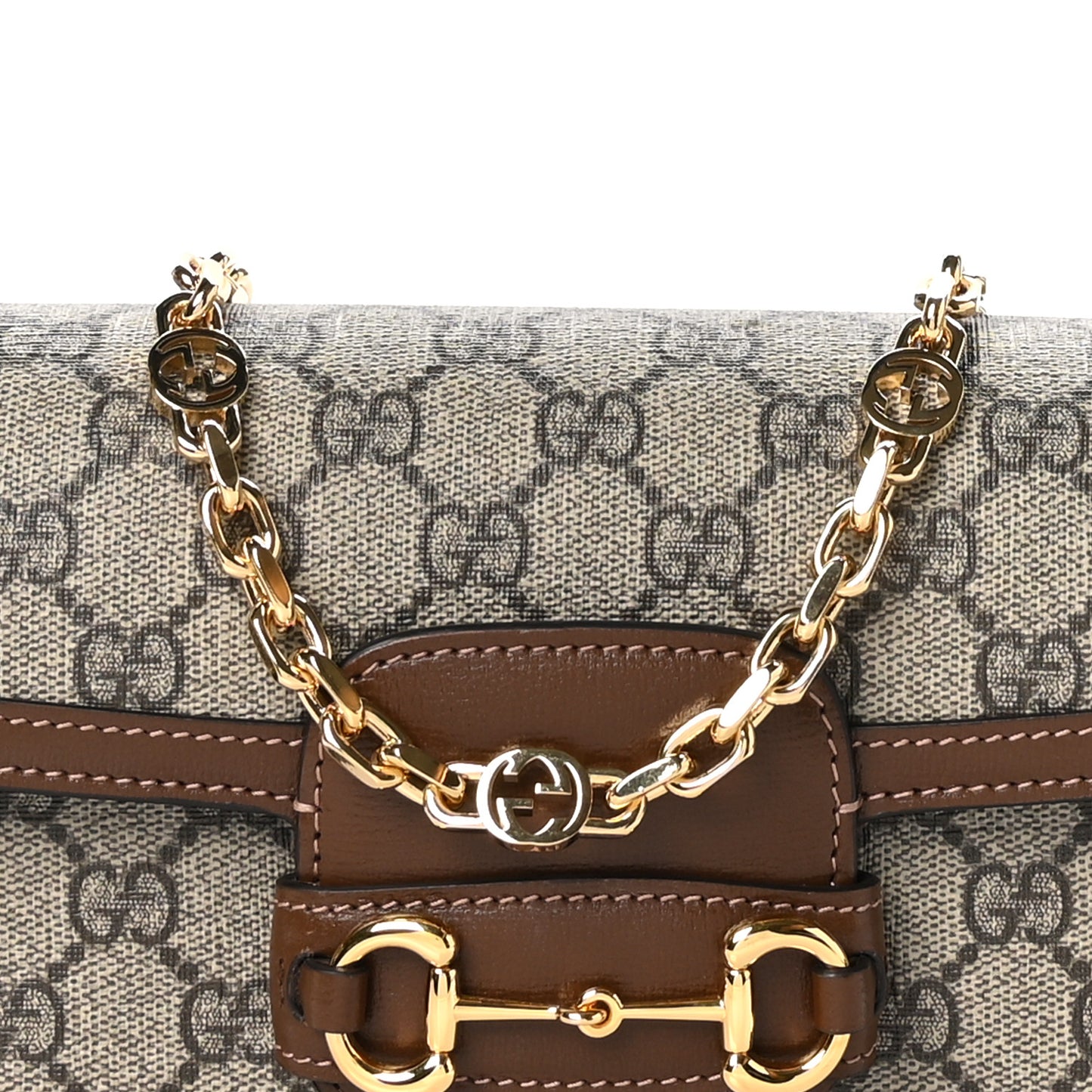 GG Supreme Monogram Small Horsebit 1955 Chain Shoulder Bag Beige Ebony Brown Sugar