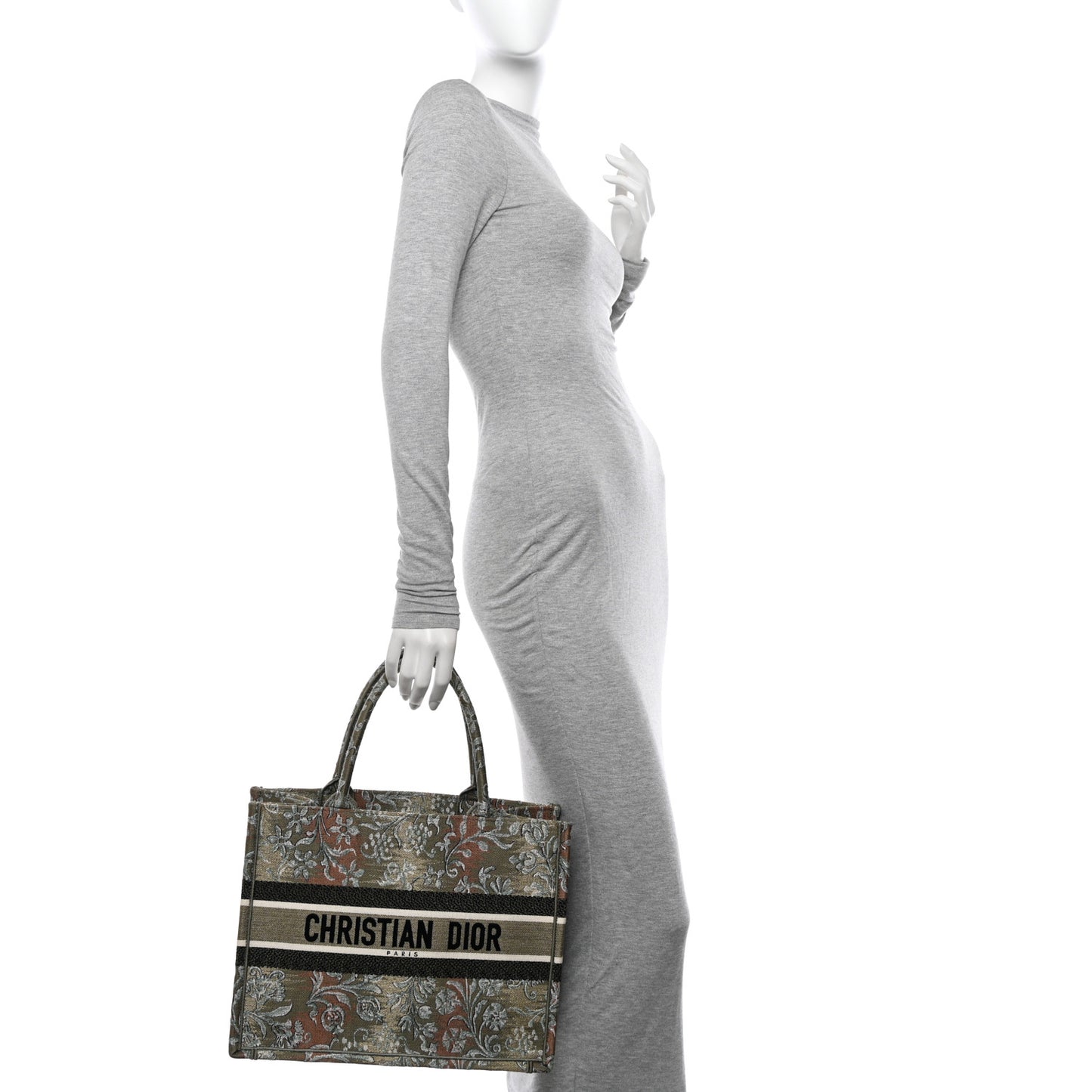 CHRISTIAN DIOR Canvas Embroidered Medium Brocart Book Tote Metallic Green