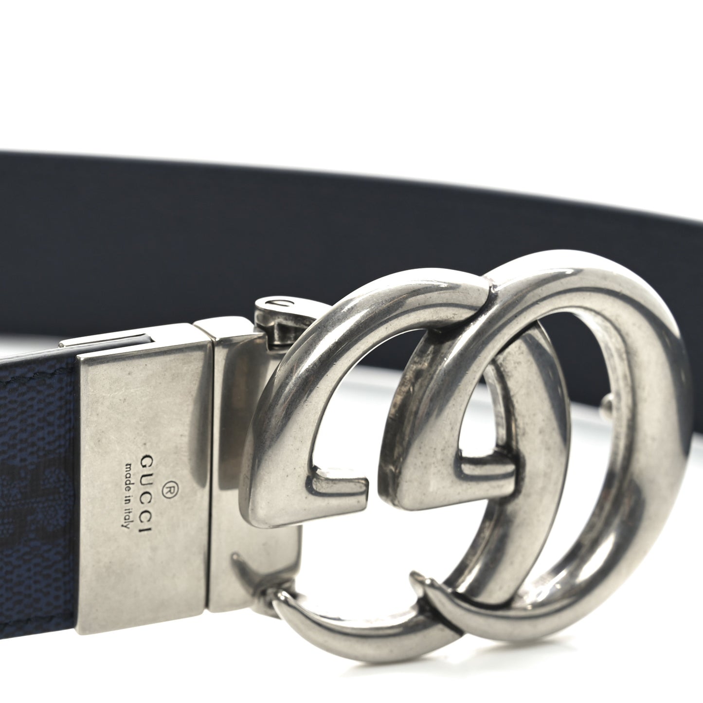 GG Supreme Monogram Plutone Calfskin Palladium Double G Reversible 37mm Belt 110 44 Black Blue