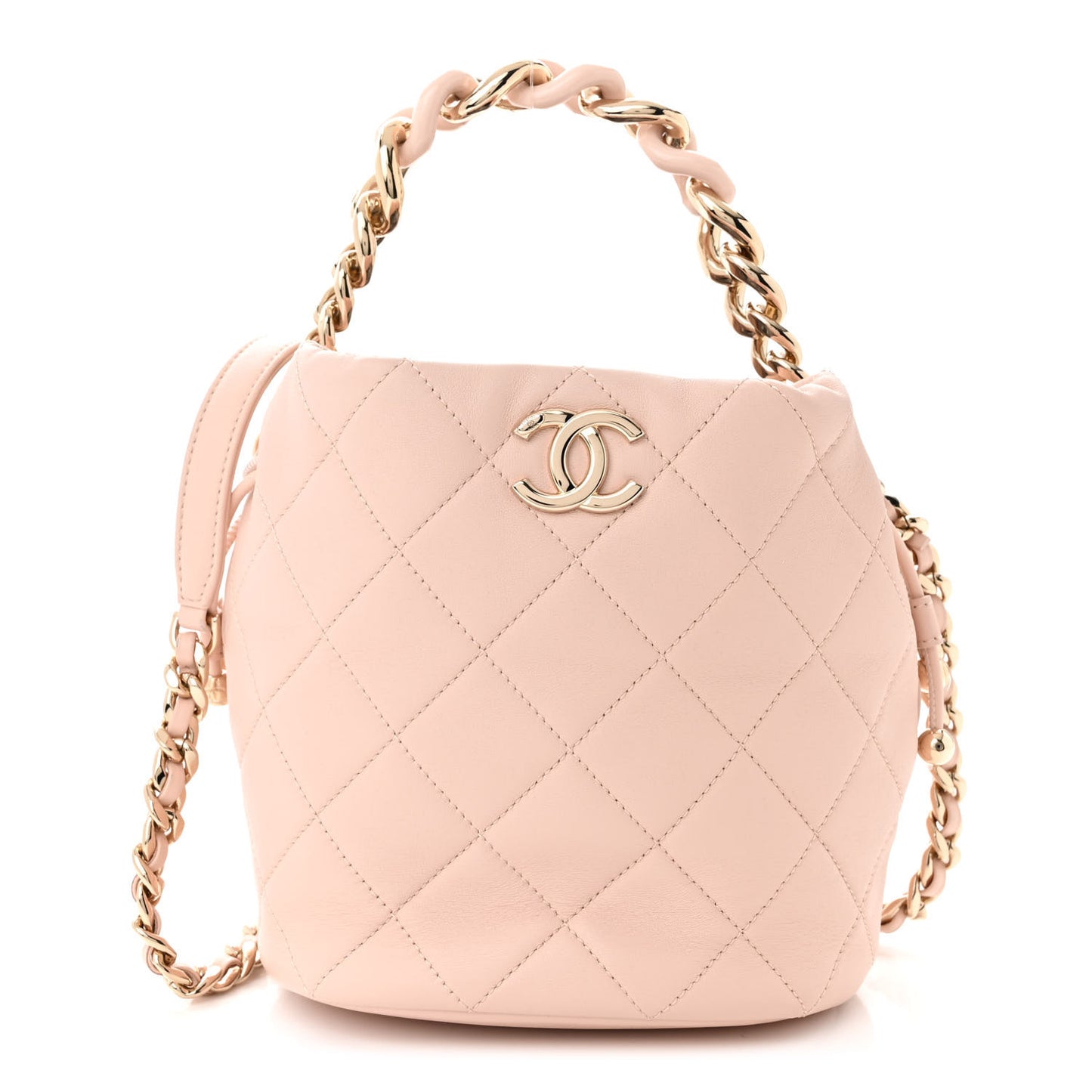Lambskin Quilted Resin Bi-Color Chain Bucket Bag Light Beige