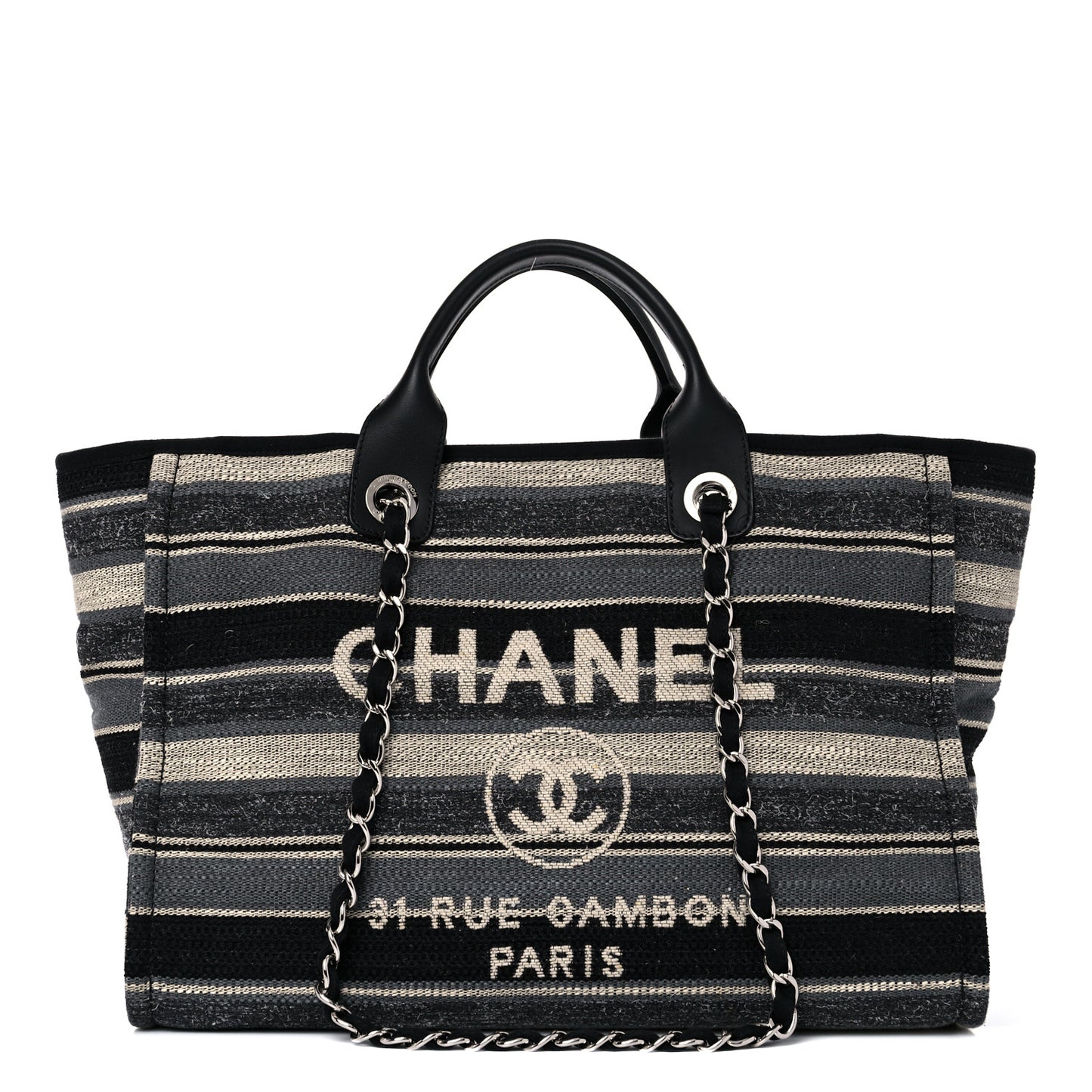 Striped Canvas Medium Deauville Tote Grey Black