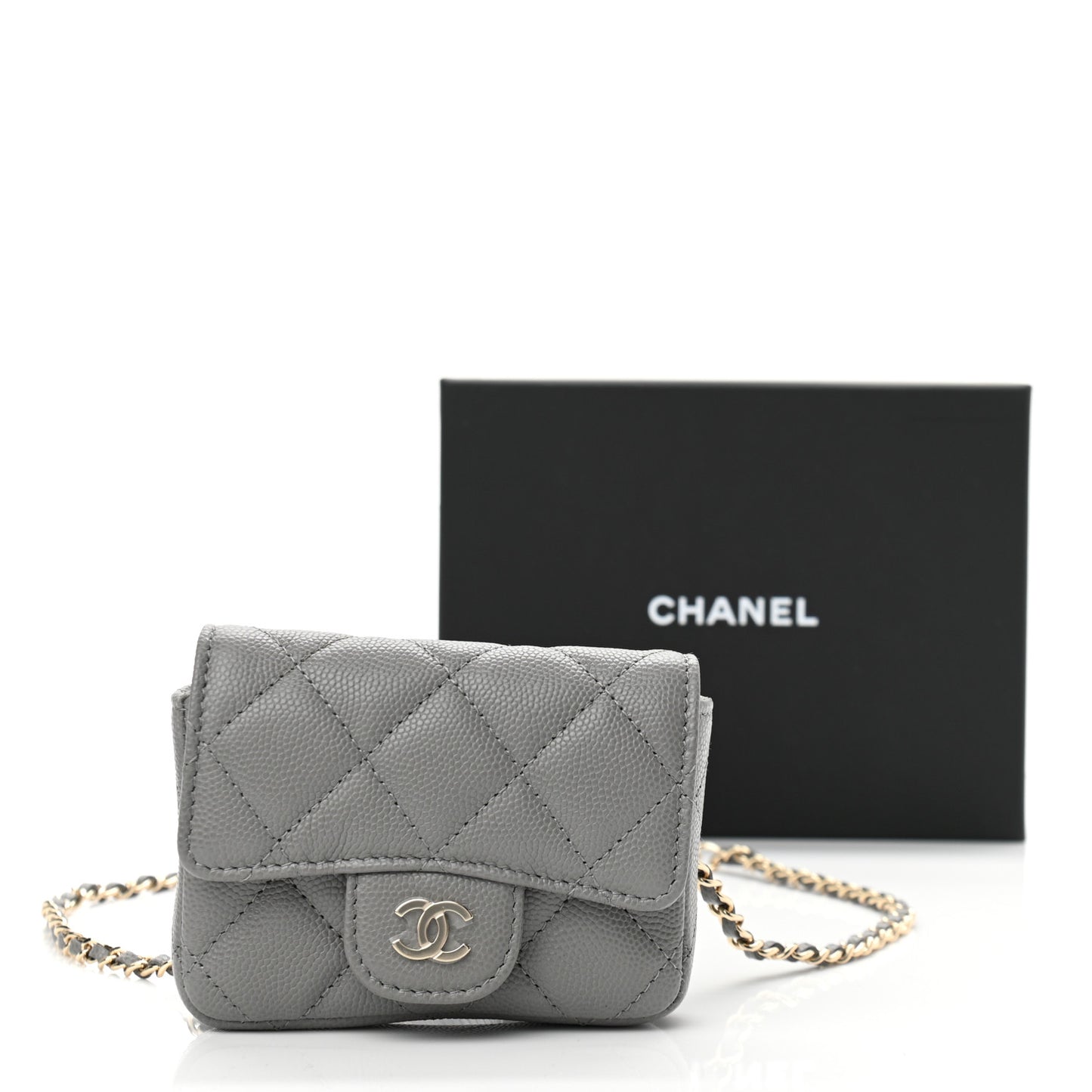 Caviar Quilted Mini Chain Belt Bag Grey