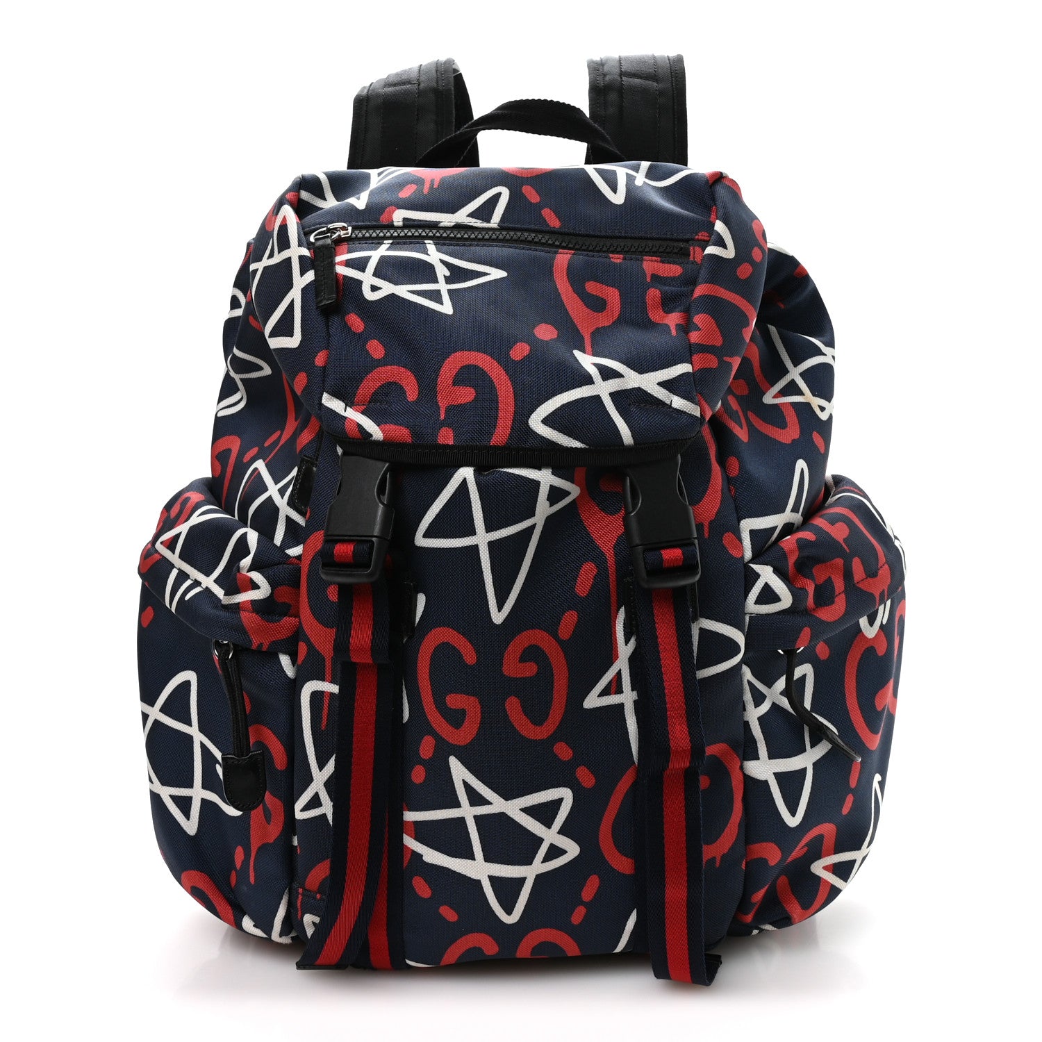 Gucci Techno Canvas GucciGhost Double Buckle Backpack Blue Agata