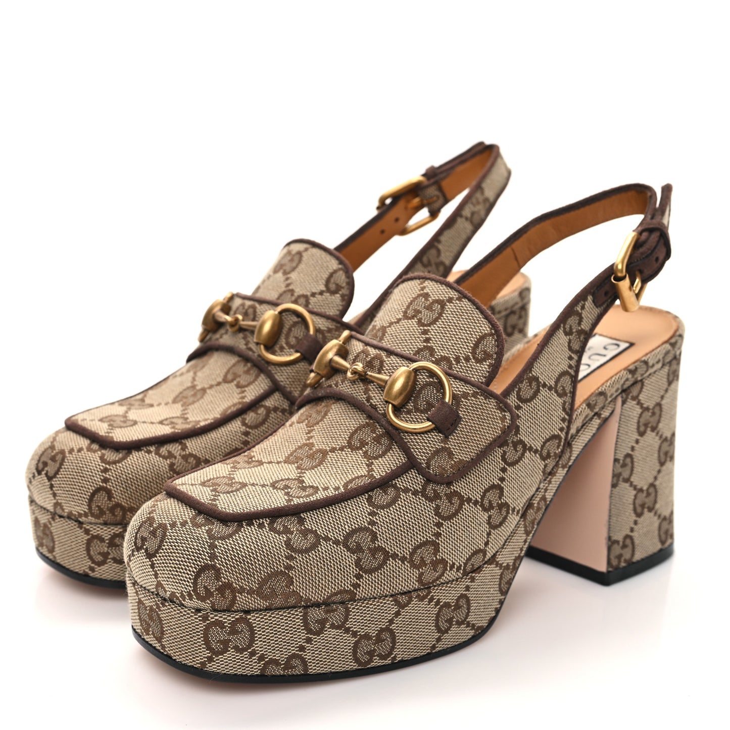Monogram Kid Scamosciato Horsebit Platform 25/85mm Slingback Mules 36.5 Beige Ebony New Acero