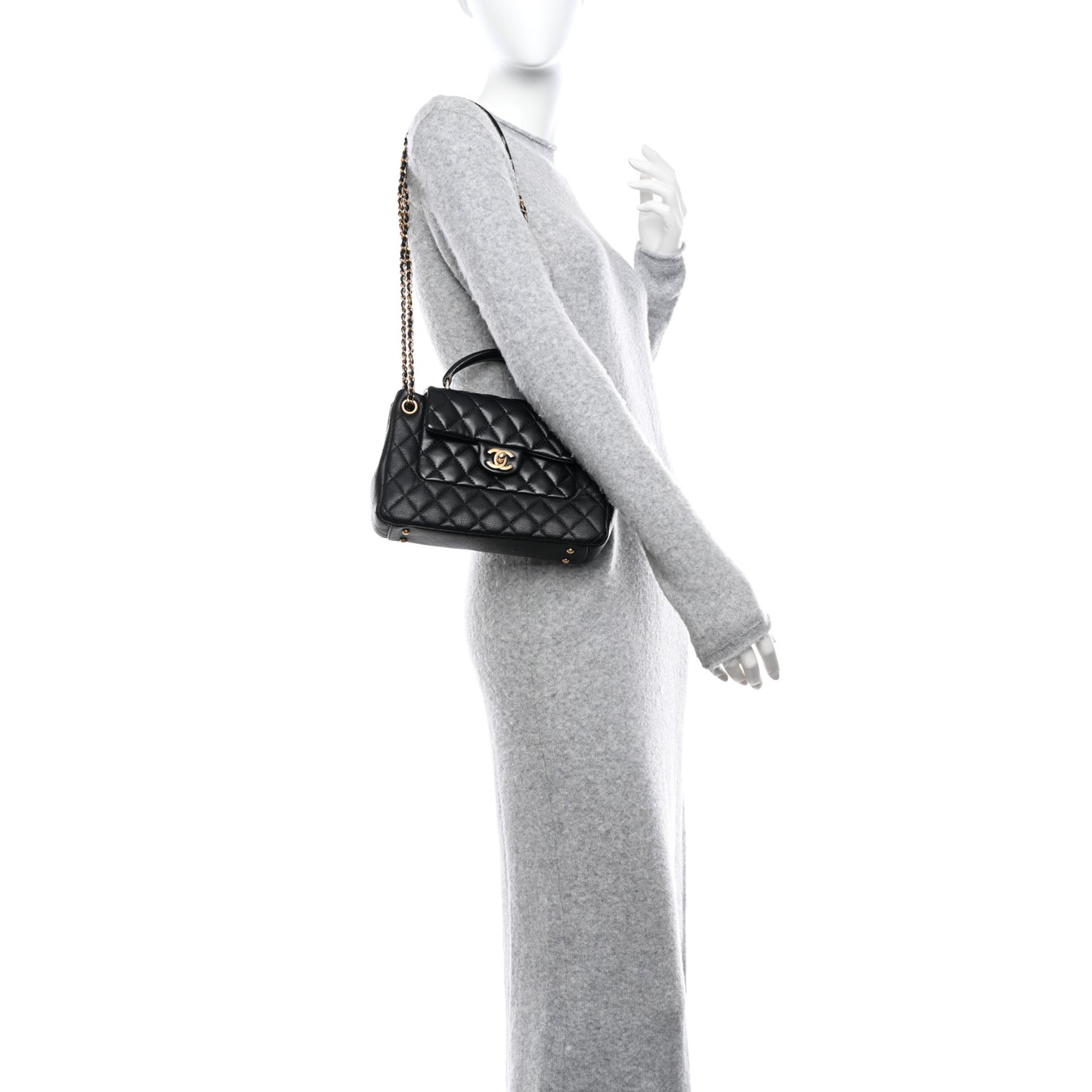 Caviar Calfskin Quilted Small Top Handle Flap Black