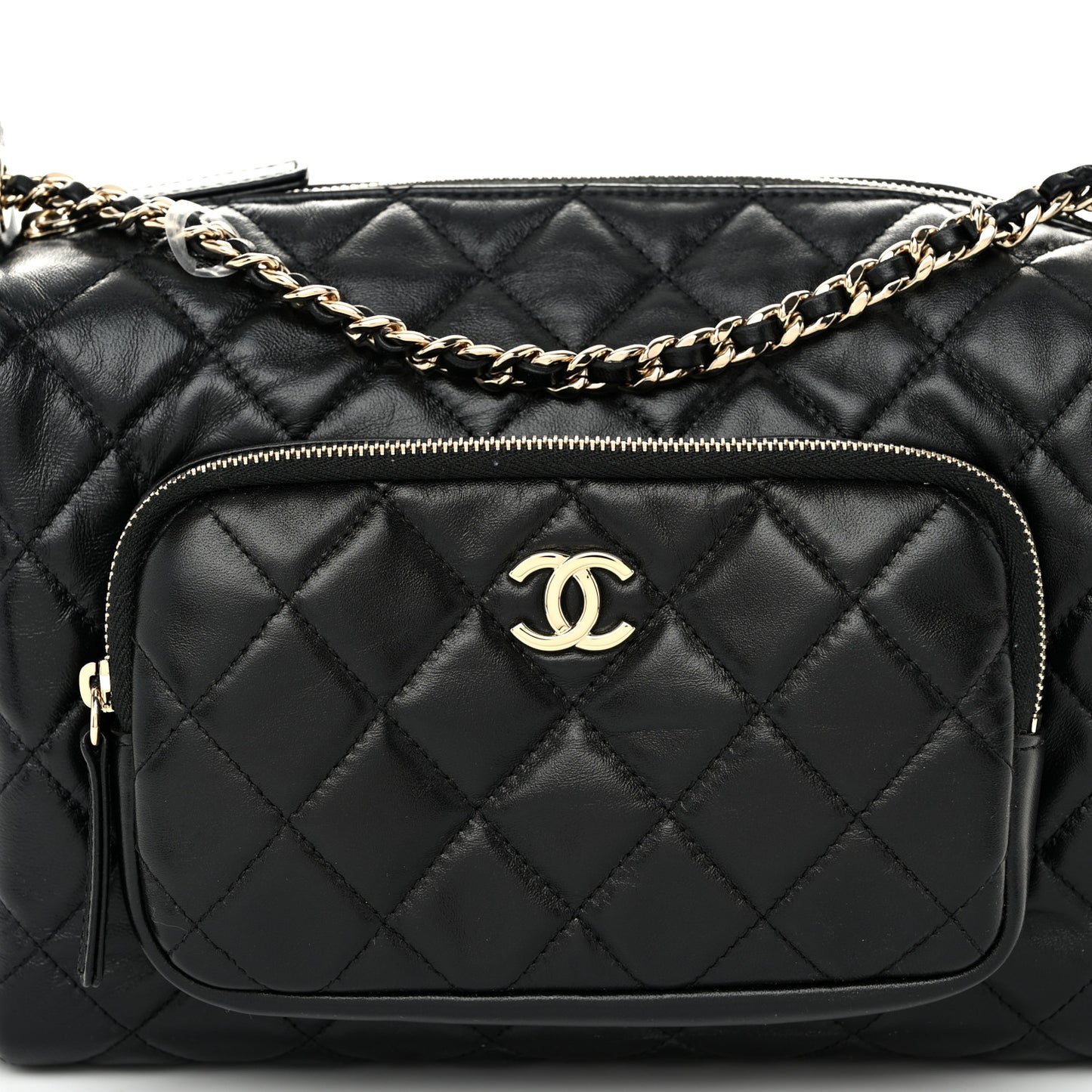 Shiny Crumpled Lambskin Quilted Medium Preppy Pocket Camera Case Black