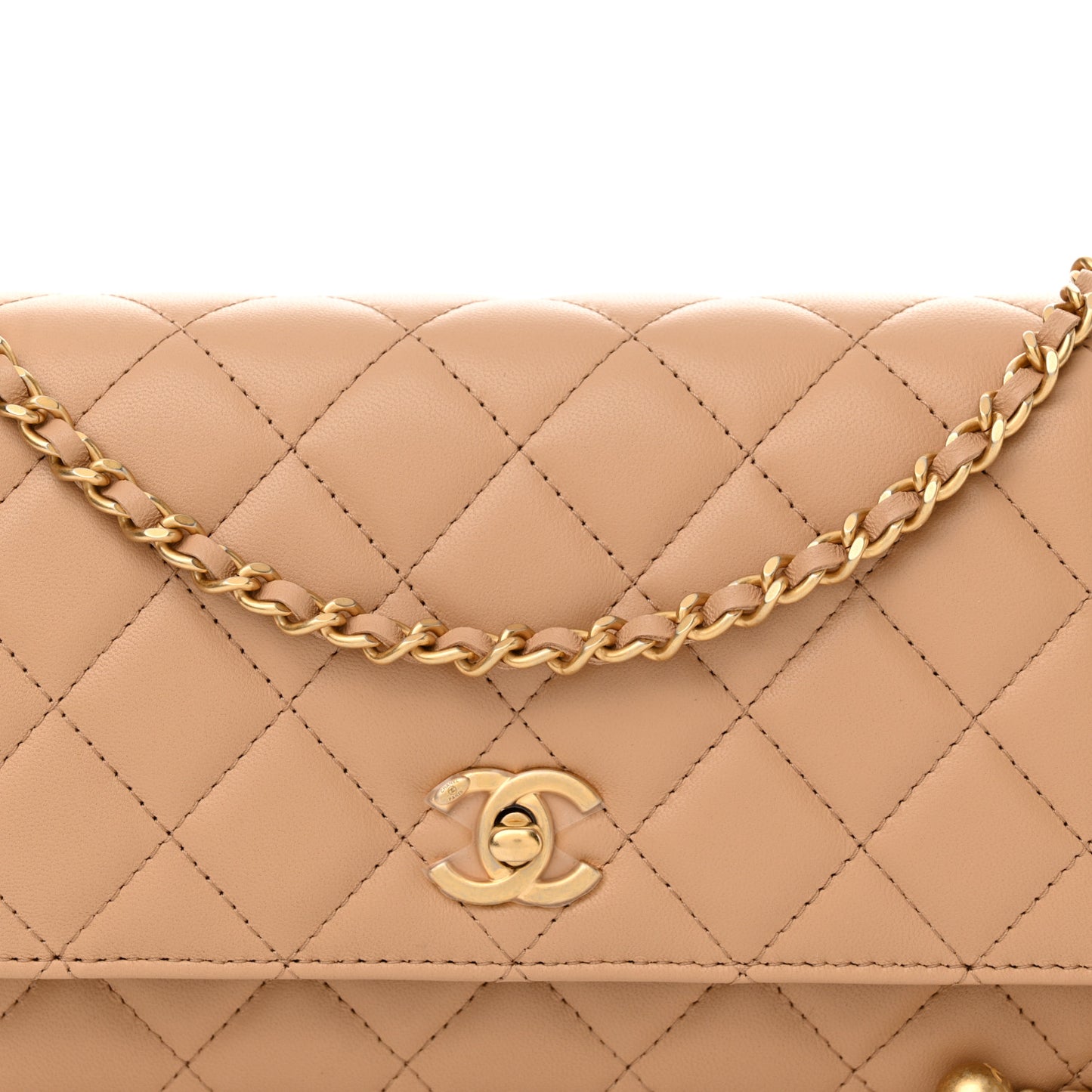 Lambskin Quilted CC Pearl Crush Wallet on Chain WOC Beige