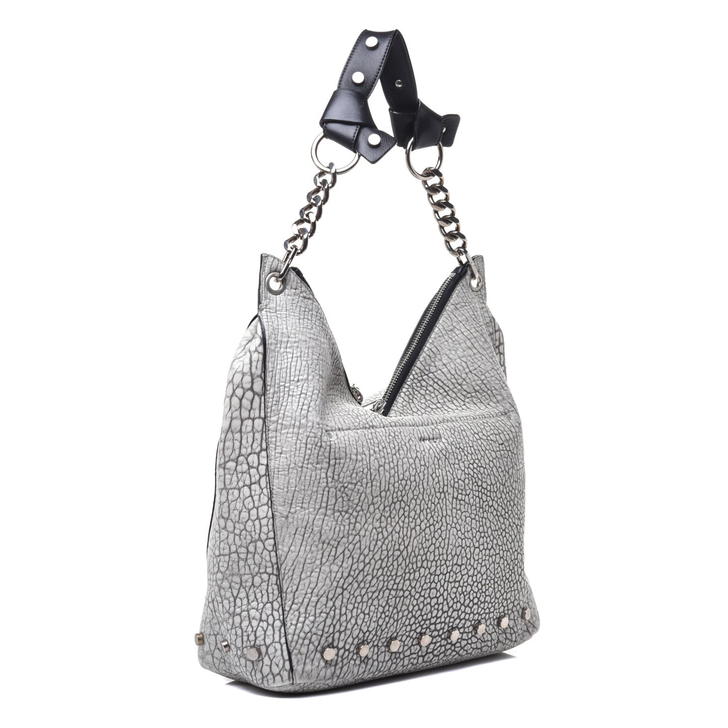 Washed Grainy Lambskin Studded Raven Hobo White Black