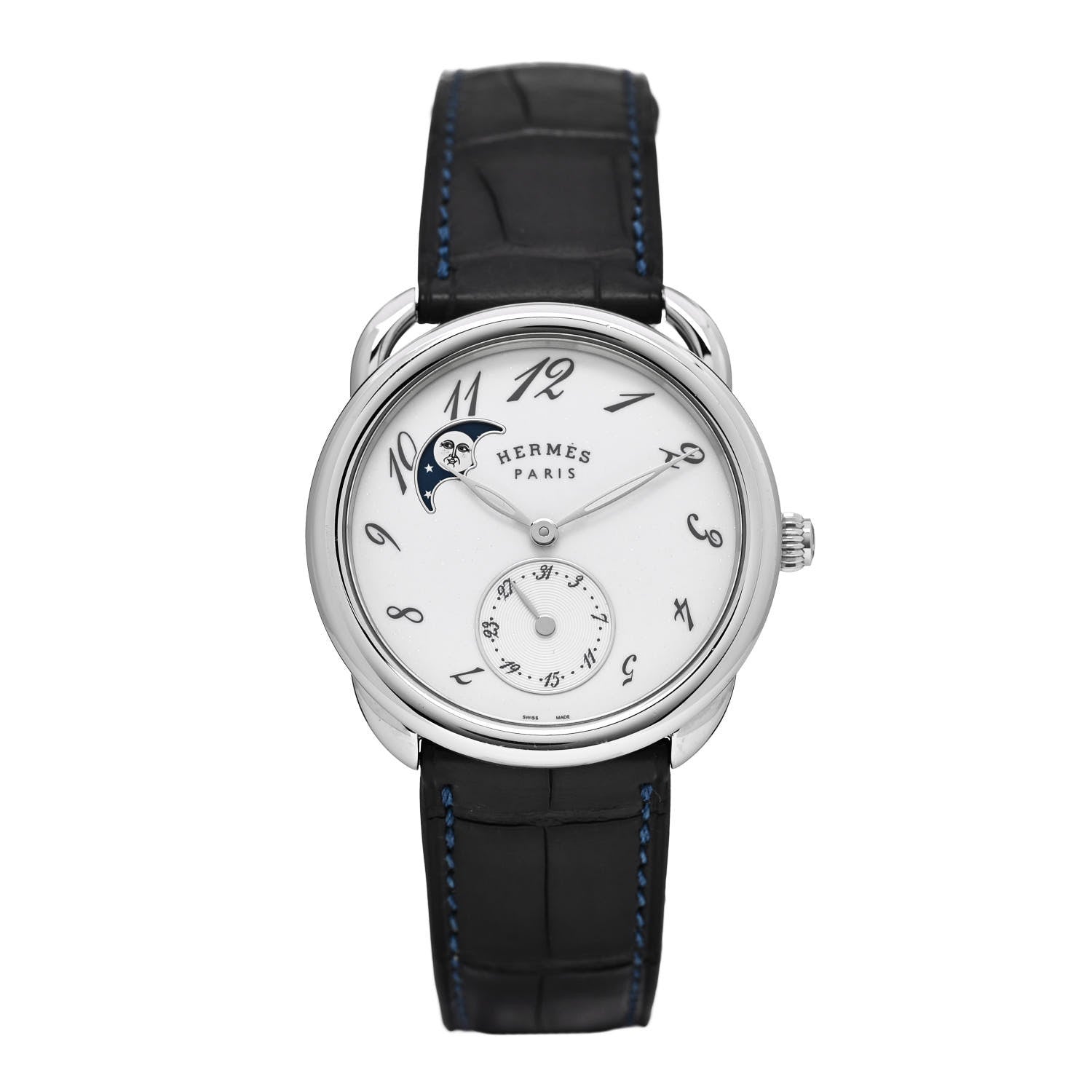 Hermes Stainless Steel Alligator Mother of Pearl 38mm Arceau Petite Lune Automatic Watch Bleu Saphir 1 of 5