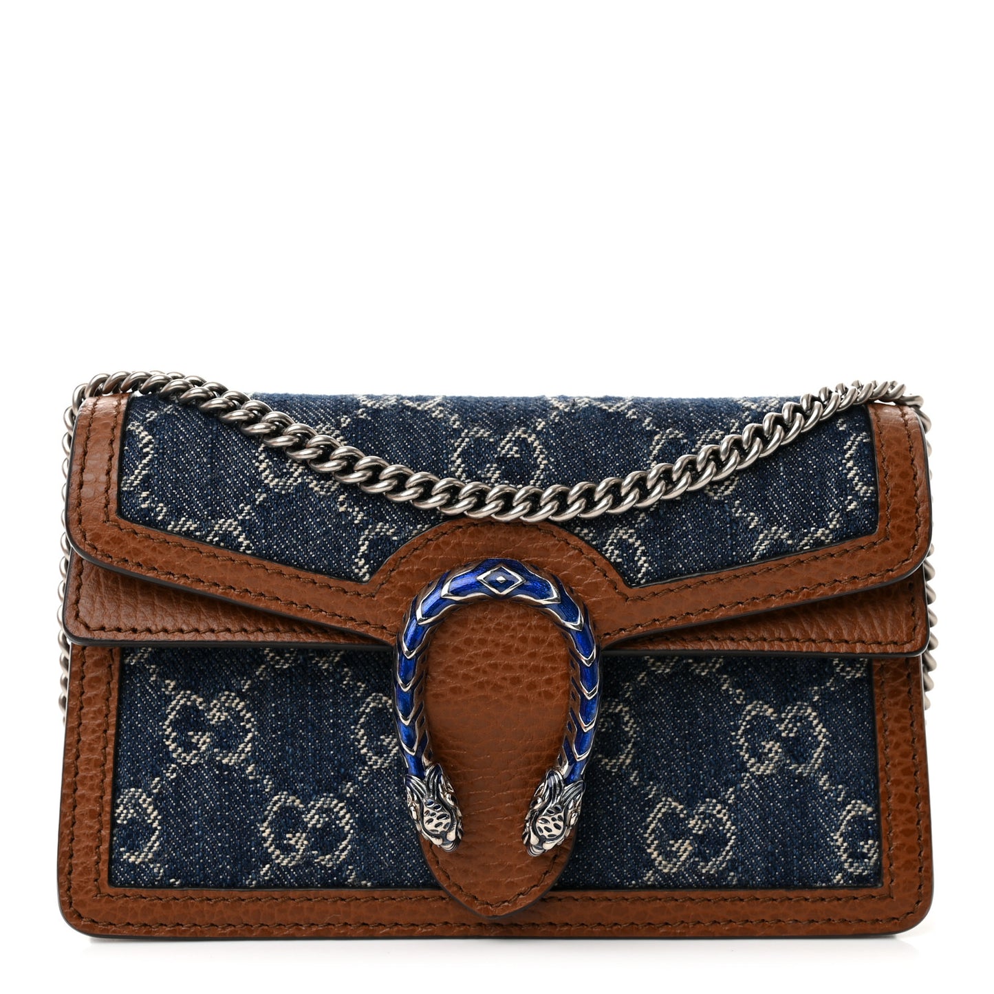 New Denim GG Monogram Dollar Calfskin Enamel Super Mini Dionysus Shoulder Bag Blue Tea Cuir Epilog Electric Blue