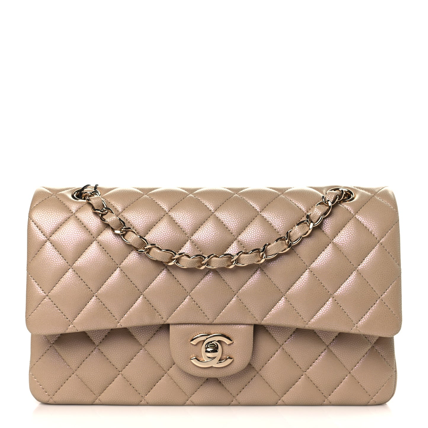 Iridescent Caviar Quilted Medium Double Flap Dark Beige