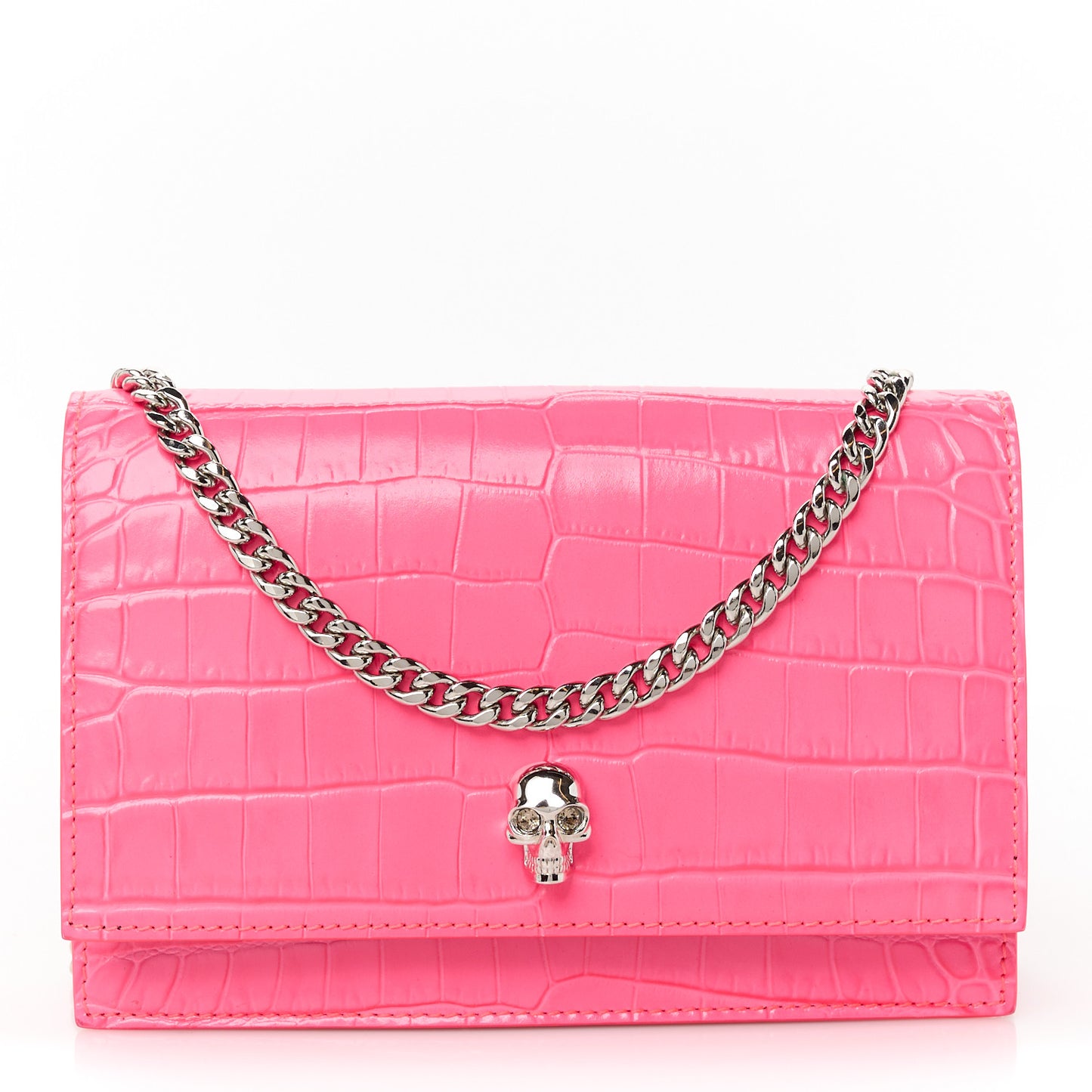 Calfskin Crocodile Embossed Skull Mini Crossbody Bag Neon Pink