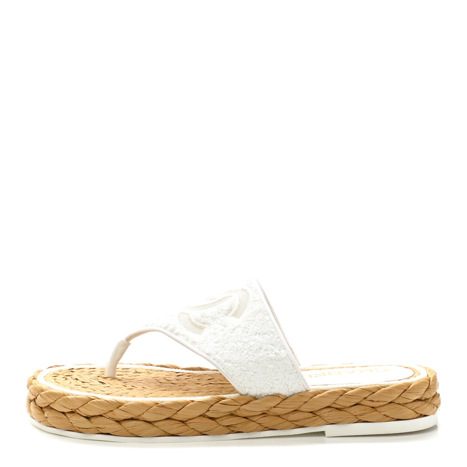 Chanel Terry Cloth Raffia CC Logo Thong Sandals 37 White 1030299