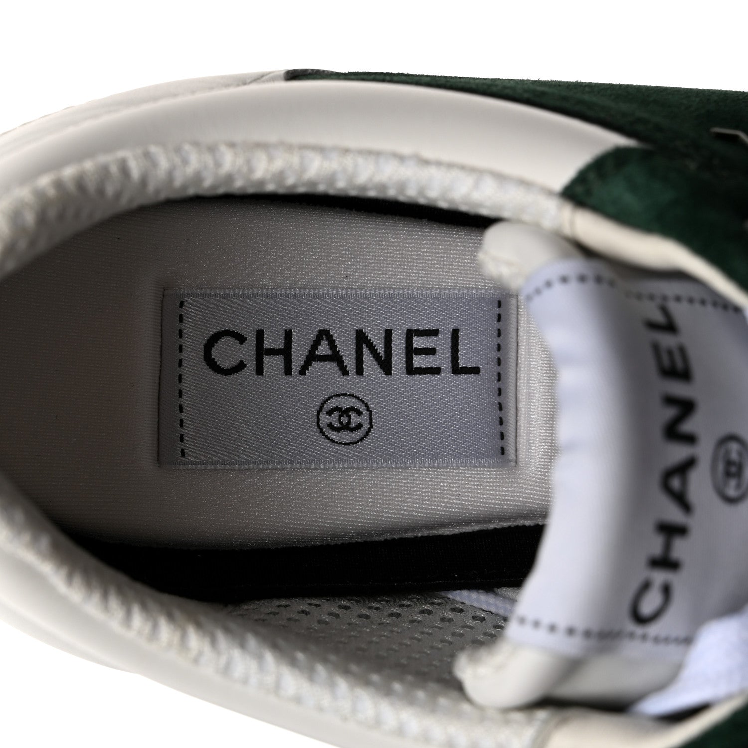 Chanel Calfskin Suede Calfskin Logo Womens Sneakers 37.5 White Dark Green 6 of 10