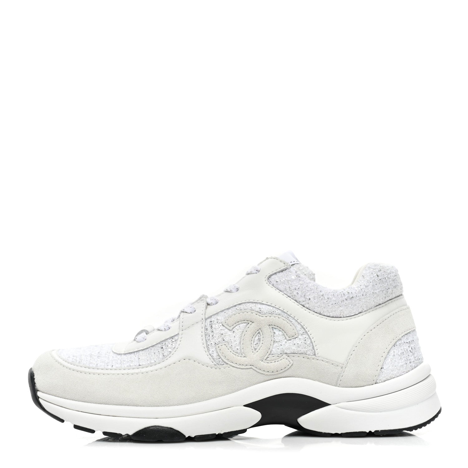 Chanel Painted Iridescent Cotton Tweed Suede Womens CC Sneakers 39 White Silver Multicolor 1 of 9